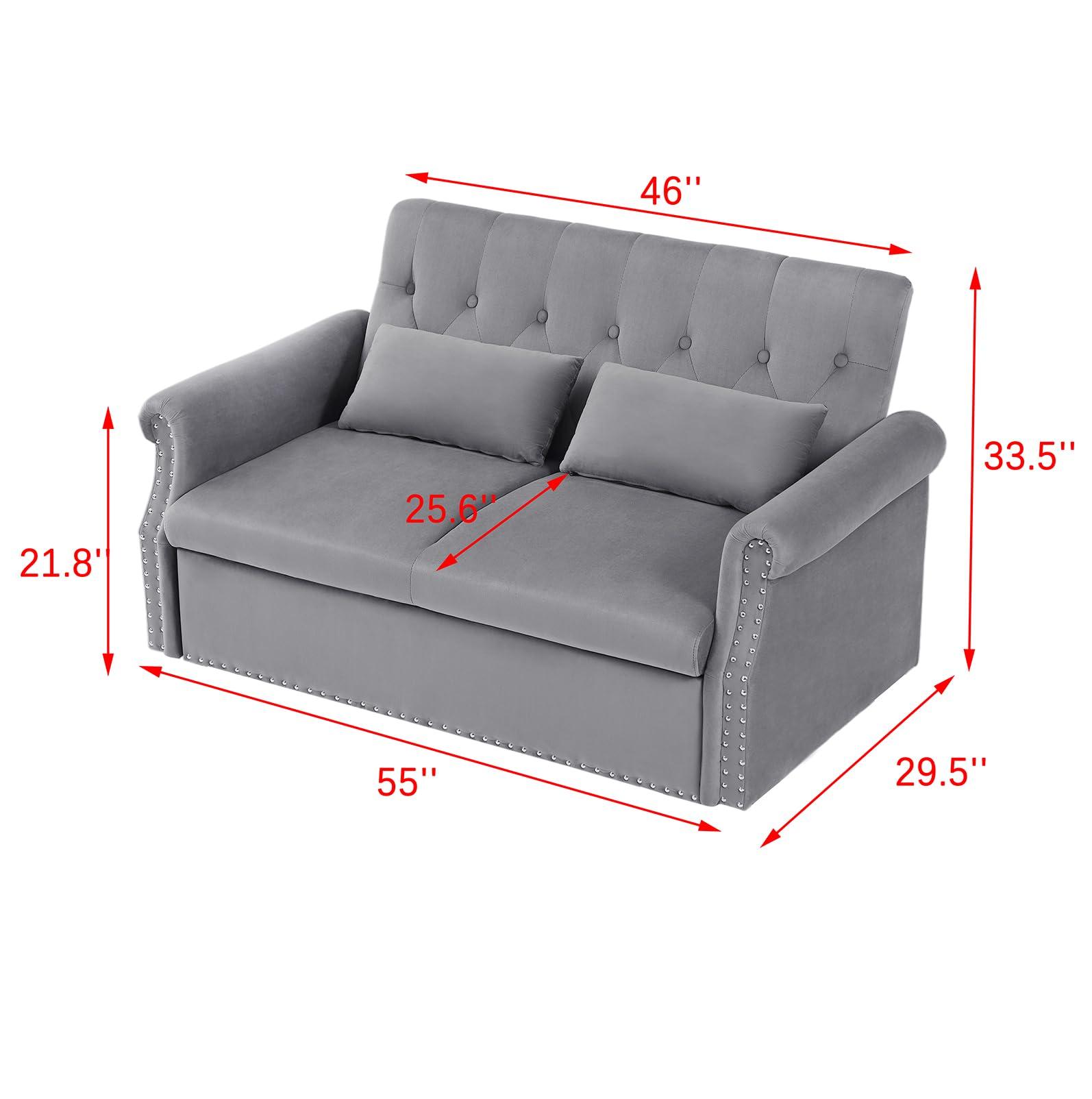 Kurhwyss Velvet Pull Out Couch Bed, Convertible Sleeper Futon Sofa with Adjustable Backrest, Modern Pullout Couch with 2 Pillows, Upholstered Small Loveseat for Living Room, Bedroom and Dorm (Grey)