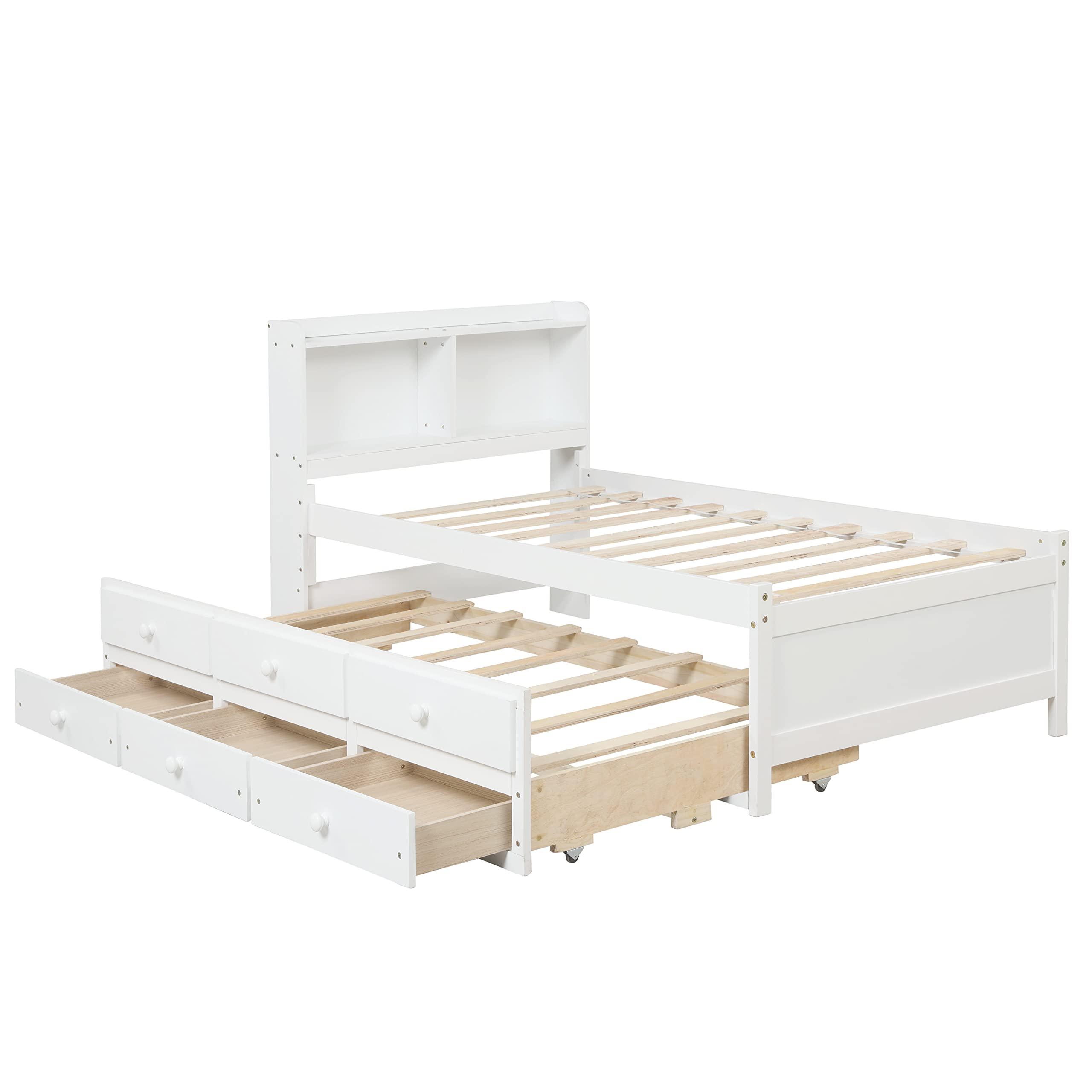 SOFTSEA SOFTSEA Twin Captains Bed with Trundle and Drawers, Twin Size Platform Bed with Bookcase Headboard, Wood Twin Storage Bed for Kids Teens Adults, White