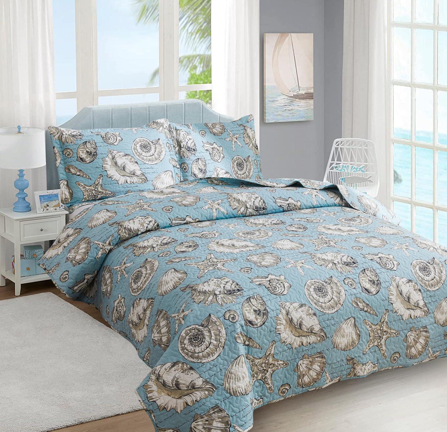 Ycosy Coastal Quilt Set Full/Queen Size Ocean Themed Bedding Summer Beach Quilts Set Lightweight Reversible Bedspread Coverlets Seashell Starfish Seaweed Bed Spread Soft Home Bed Cover with 2 Pillow Shams