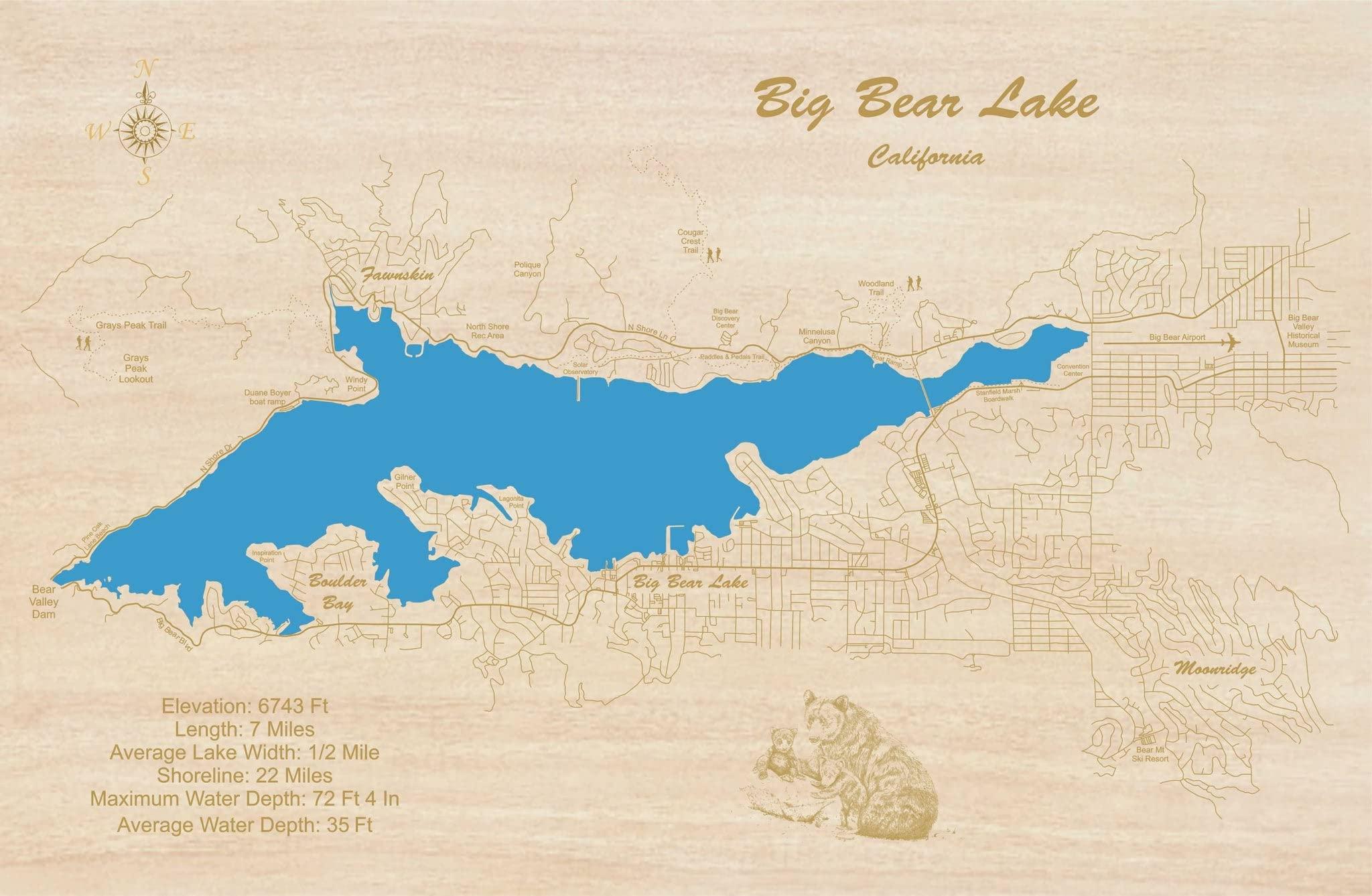 PERSONAL HANDCRAFTED DISPLAYS Big Bear Lake, California: Framed Wood Laser Engraved Map | Custom Text Included | Wood Sign | Wall Hanging| Nautical Art | 2D Wood Map | Wall Art | Made to Order 24\" x 37\"