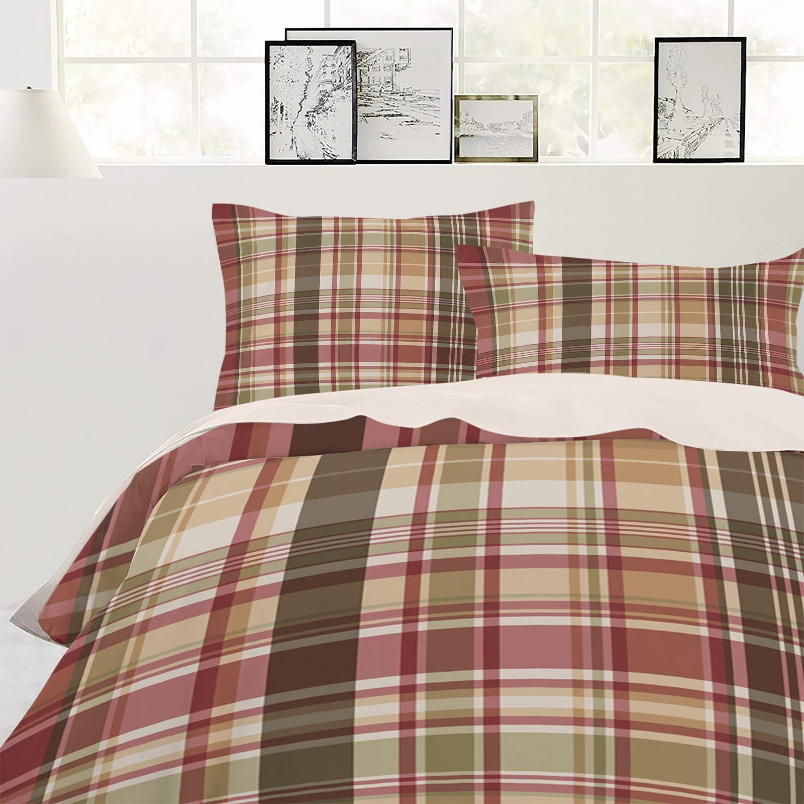 Ldtrchee All Season Duvet Bedding Set, Retro Red Teal Checkered Ultra Soft 3 PCs Quilts Cover Set, Zipper Closure for Toddler Bedding Farmhouse Buffalo Plaid (Queen Size)