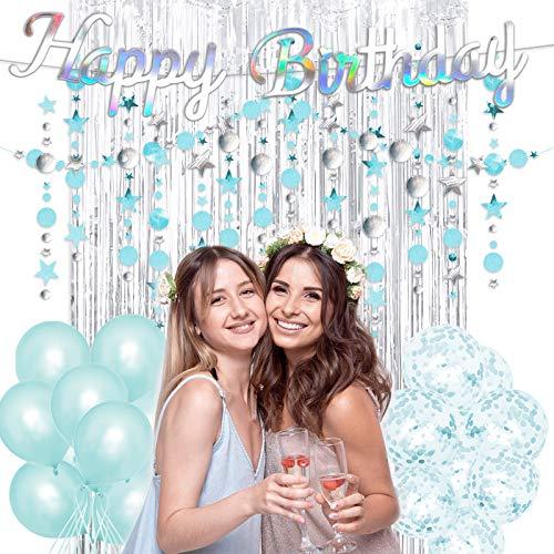 Irichna Turquoise Birthday Party Decoration - Sliver Happy Birthday Banner, Blue Glitter Circle Dot Garland Streamer, Sliver Fringe Curtain, Blue and Sequins Balloons, for Women and Men Birthday Party