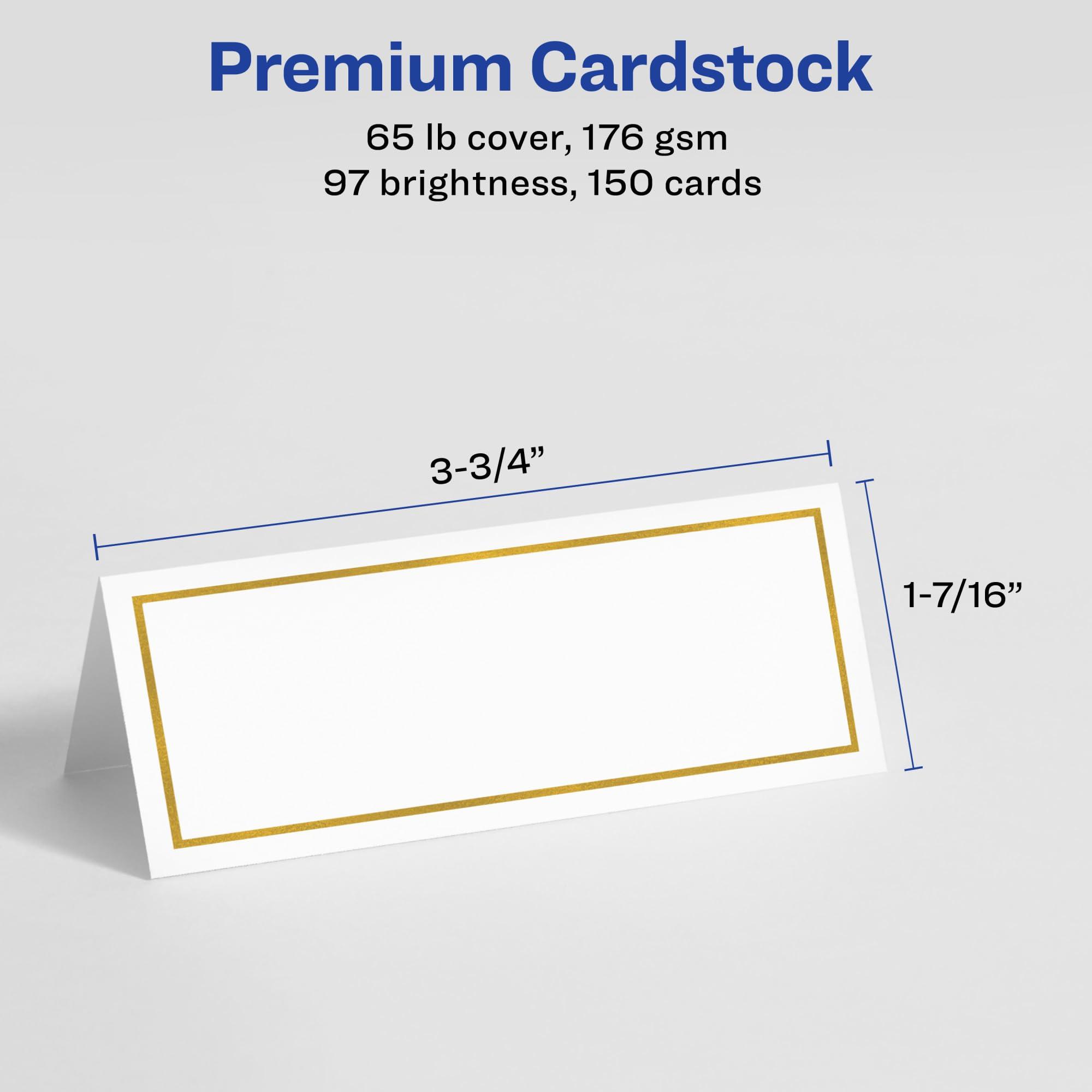 AVERY Avery Printable Place Cards with Sure Feed Technology, 1-7/16\" x 3-3/4\", White with Gold Border, 150 Blank Tent Cards for Laser or Inkjet Printers (35701)