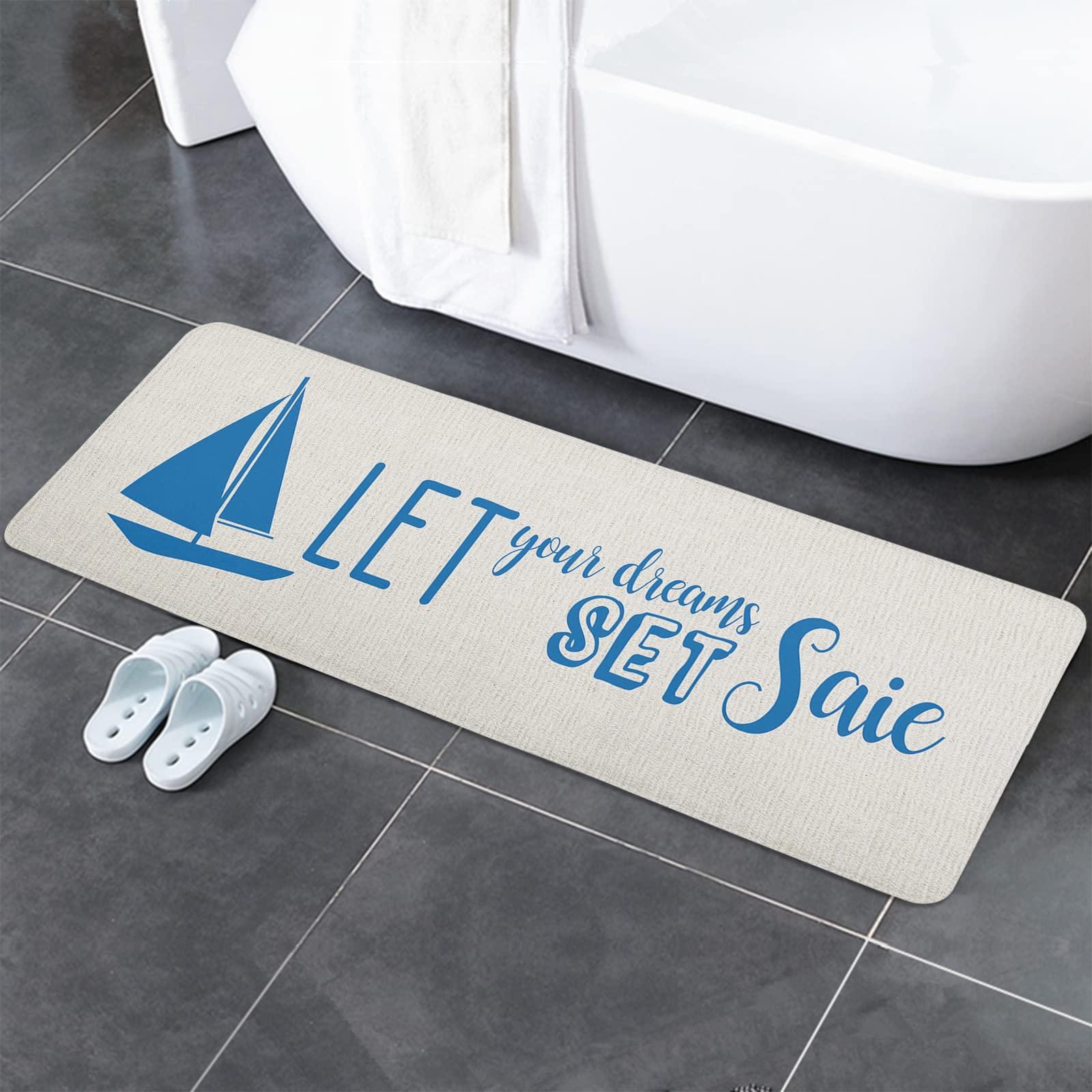 Sabolny Ocean Sailboat Kitchen Runner Rug Mat, Bath Shower Bathtub Welcome Door Floor Mat, Country Rustic Burlap Beige Blue Summer Washable Indoor Outdoor Throw Entry Area Rug Doormat