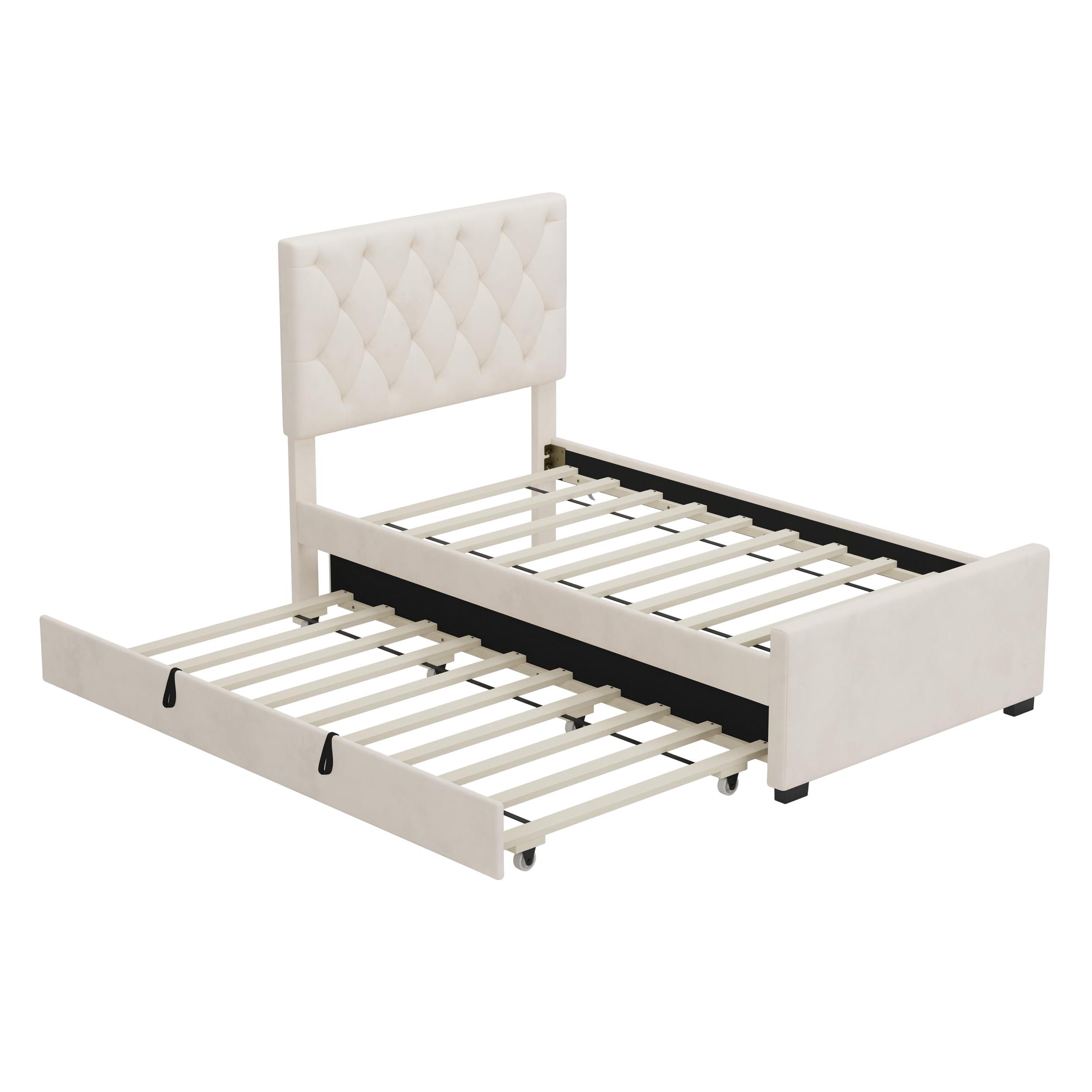 Merax Merax Twin Size Velvet Fabric Upholstered Platform Bed with Trundle Bed and Adjustable Button Tufted Headboard, No Box Spring Needed, Beige