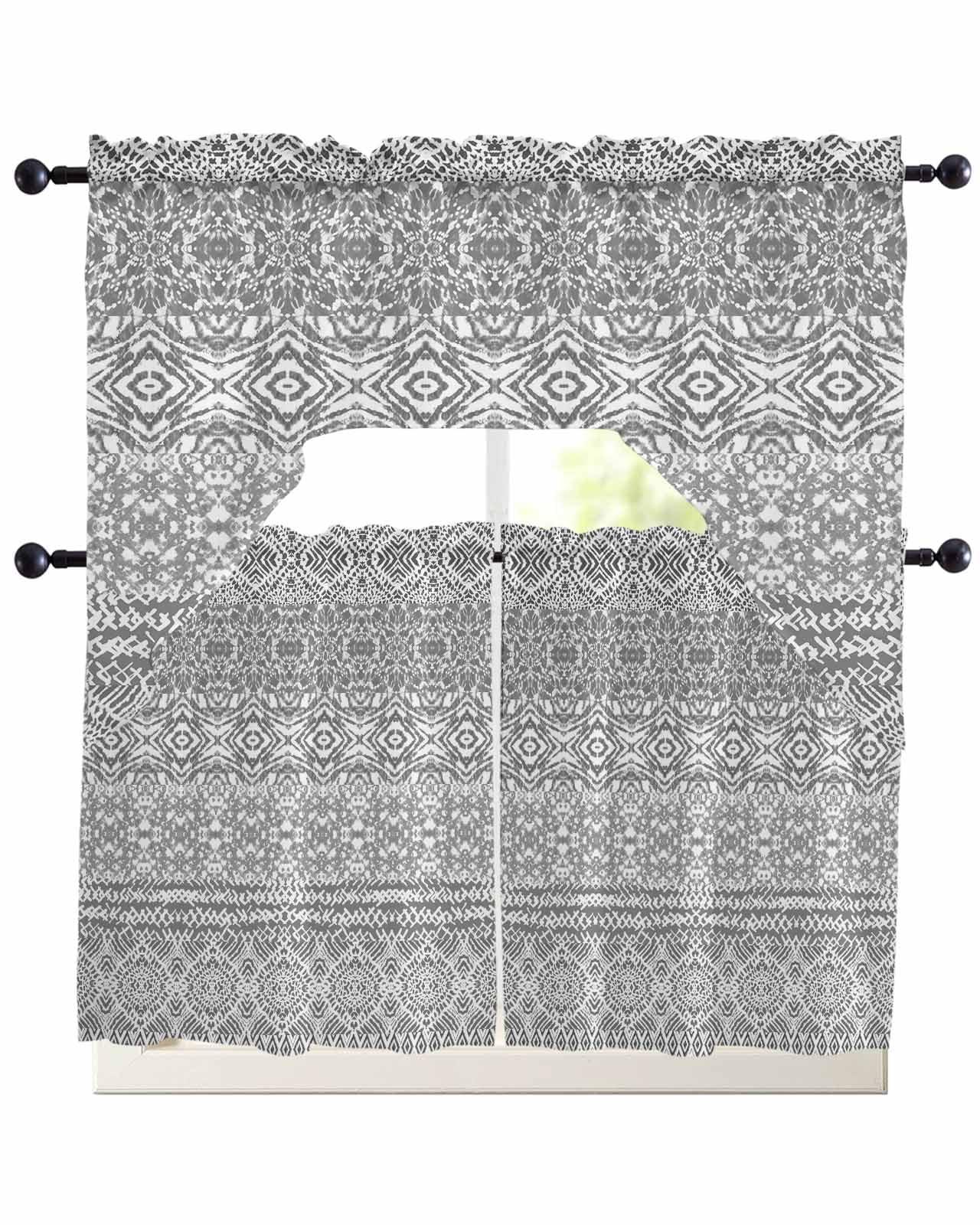 Onekaccu Gray Boho Swag Curtains Valance and Tier Set,Rod Pocket Curtain Drapes for Bathroom Over Sink Kitchen Curtains 3 Piece Set Gradient Batik Aesthetics Bohemian Tie Dyeing Mandala Swag Valances 24\" Tiers