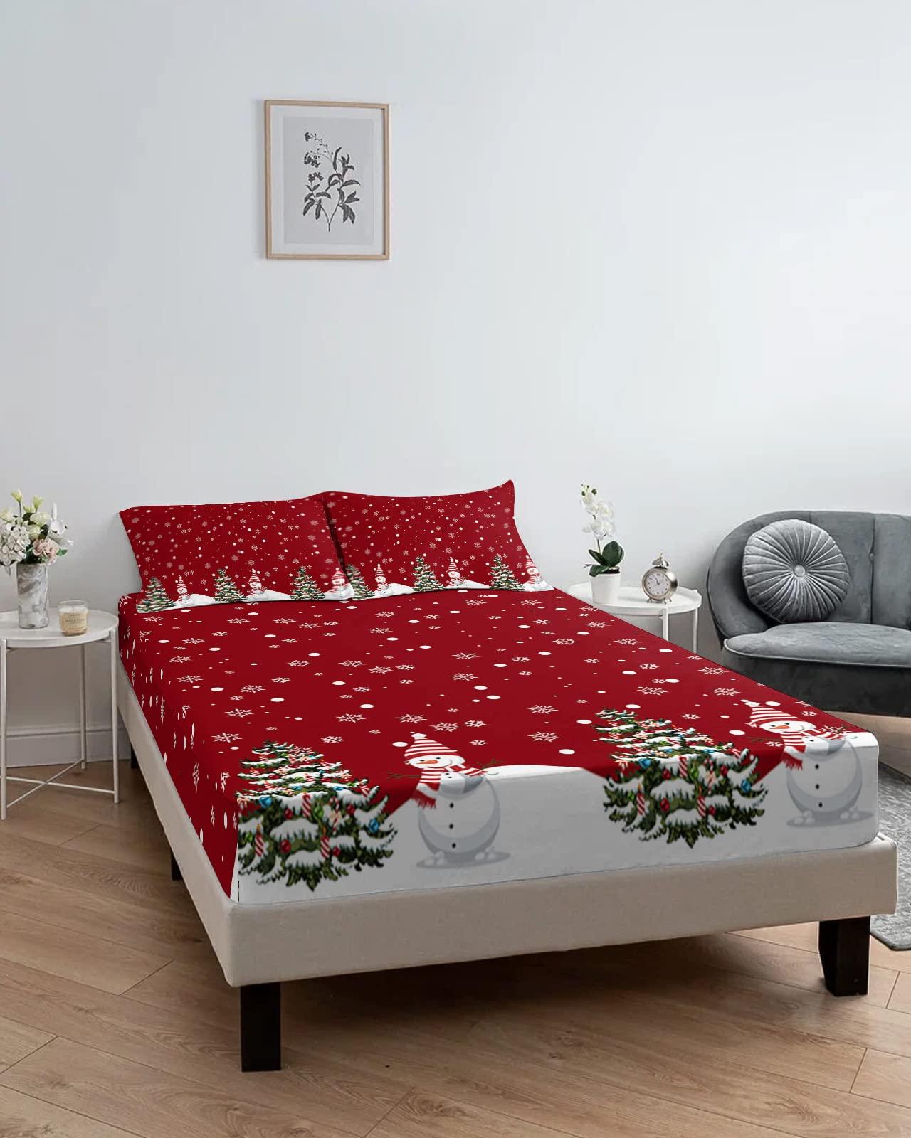 ZFUNCING Christmas Snowman on Snowy Season Fitted Bed Sheets Queen Size Fit 5-16inch Deep Pockets,Luxury Bottom Sheet Bedding Set with Pillow Case,Winter Whtie Snowflake on Red Fitted Sheet for Mattress