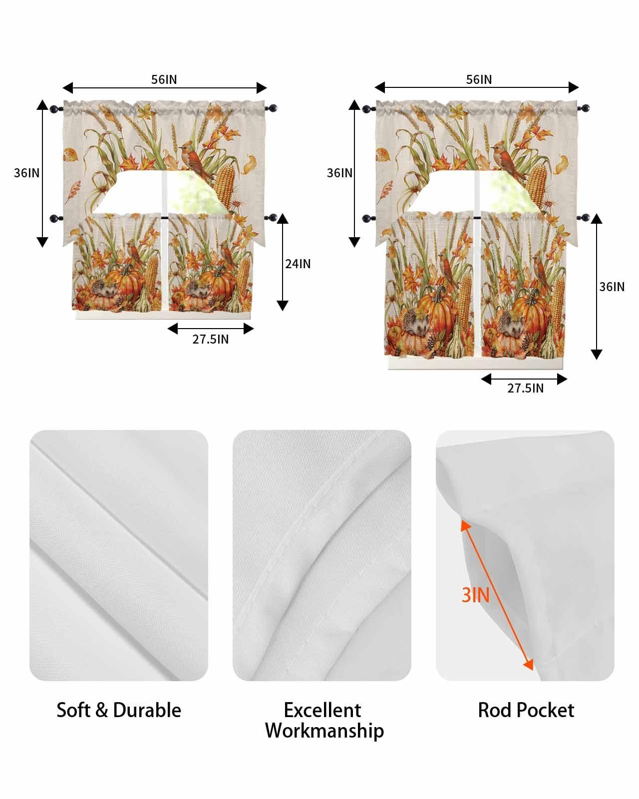 Onekaccu Fall Pumpkins Swag Curtains Valance and Tier Set,Rod Pocket Curtain Drapes for Bathroom Over Sink Kitchen Curtains 3 Piece Set Thanksgiving Autumn Orange Beige Wheat Swag Valances 24 inches Tiers