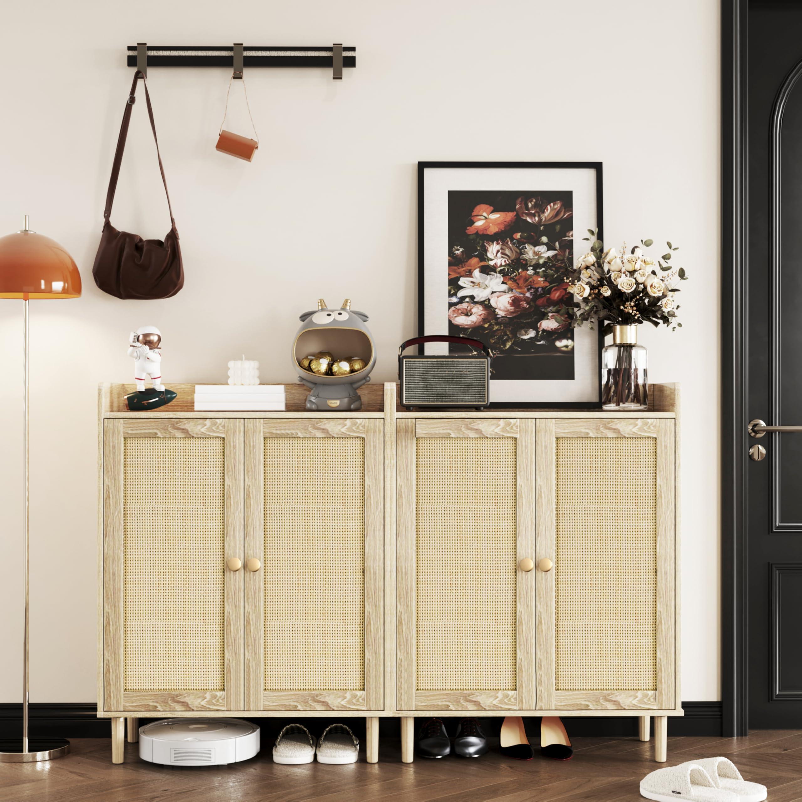 IANUE IANUE Shoe Cabinet - Rattan Shoe Cabinet for Entryway, Shoe Storage Cabinet with Adjustable Shelves, Farmhouse Freestanding Wood Shoe Rack Organizer for Closet, Living Room, Hallway