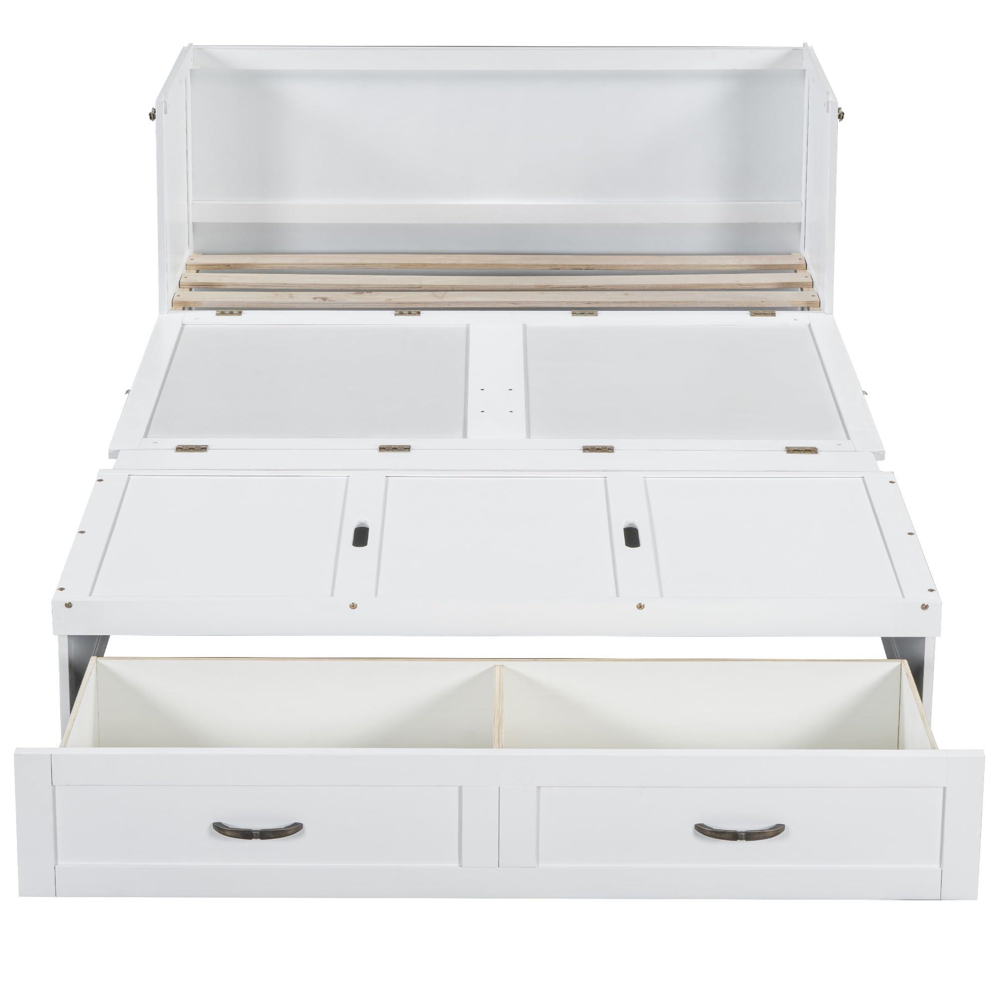 RUNNA RUNNA Full Size Versatility Murphy Bed with Large Drawer,Solid Wood Mobile Murphy Chest Bed with USB Port and Metal Handles. Foldable, Saves Bedroom Space (White#069)