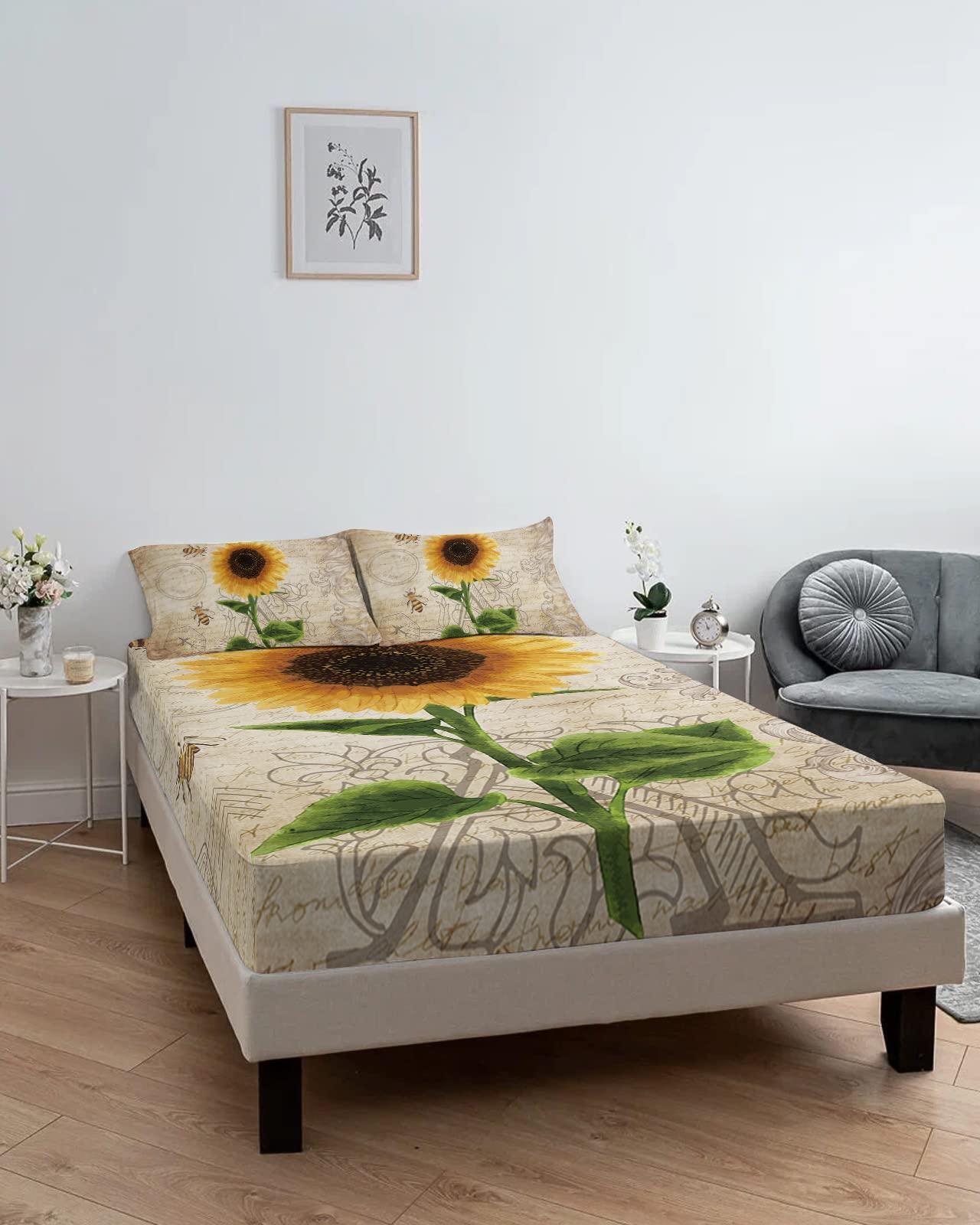 ZFUNCING Spring Sunflowers and Garden Queen Bee Fitted Bed Sheets Twin Size Fit 5-16inch Deep Pockets,Luxury Bottom Sheet Bedding Set with Pillow Case,Old Letter Fitted Sheet for Mattress