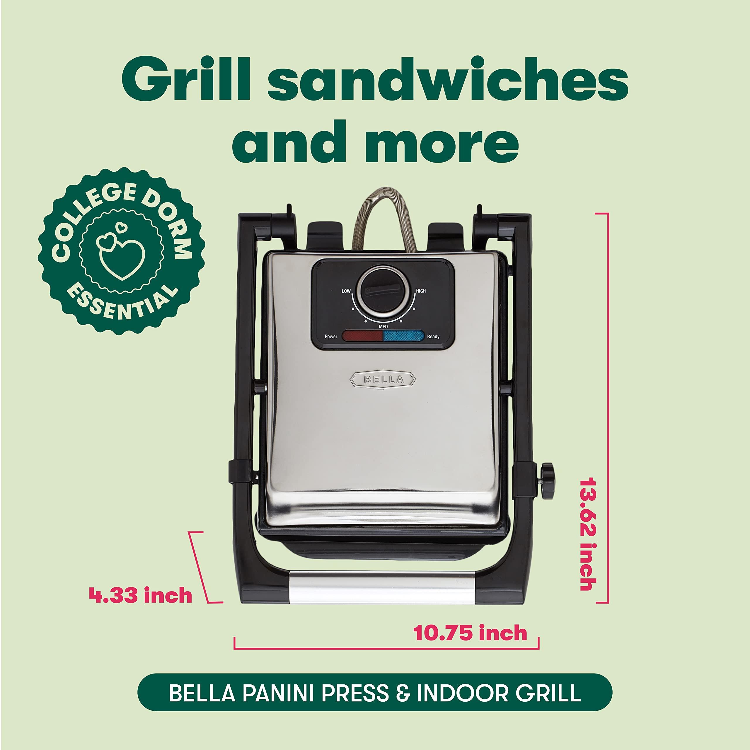 BELLA BELLA Panini Press, Sandwich Maker and Electric Indoor Grill with Double Nonstick Plates, Height Adjustable Lid and Removable Drip Tray, Stainless Steel