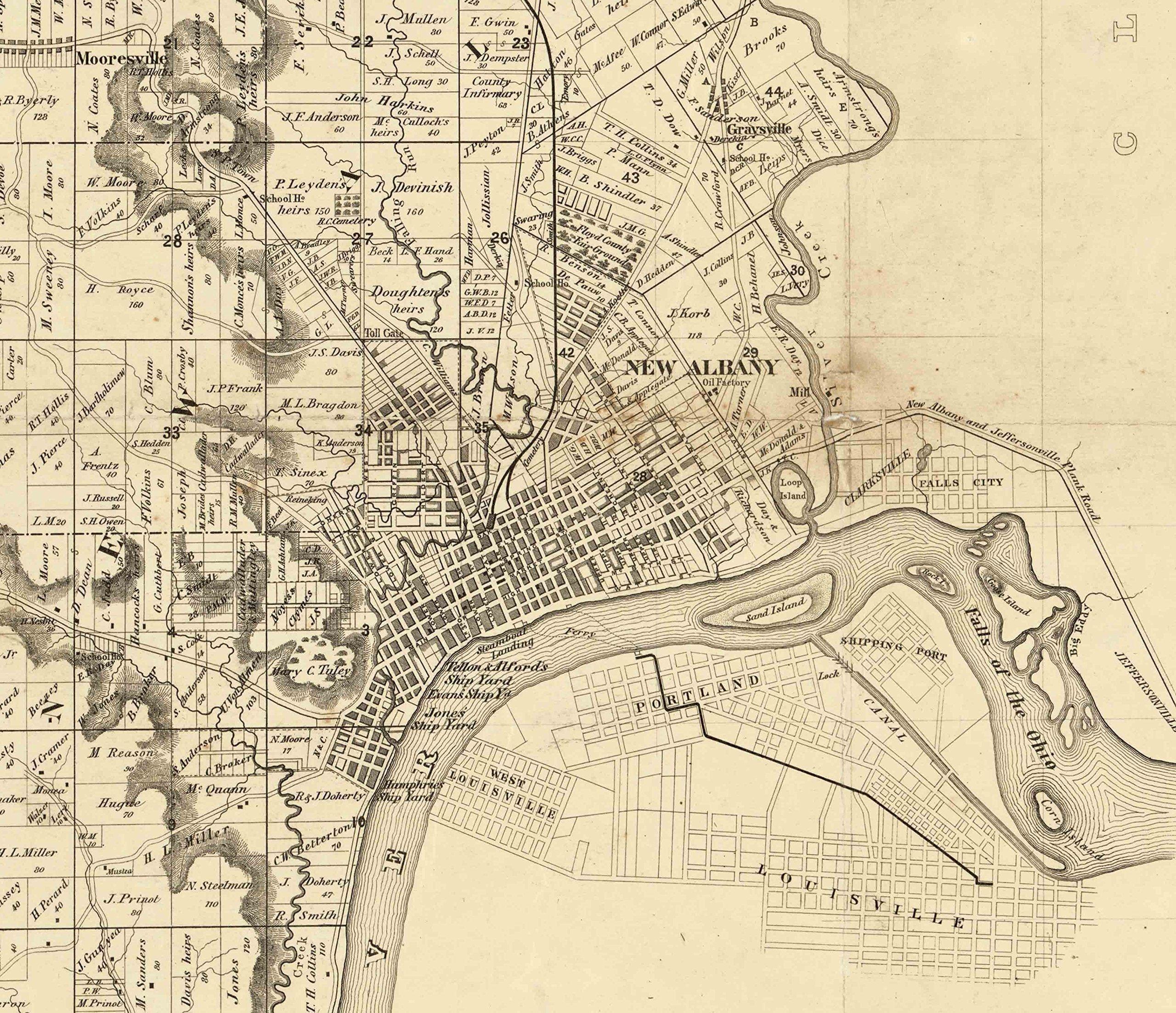 Generic Floyd County Indiana 1859 - Wall Map with Landowner Names Farm Lines Genealogy Old Map Reprint