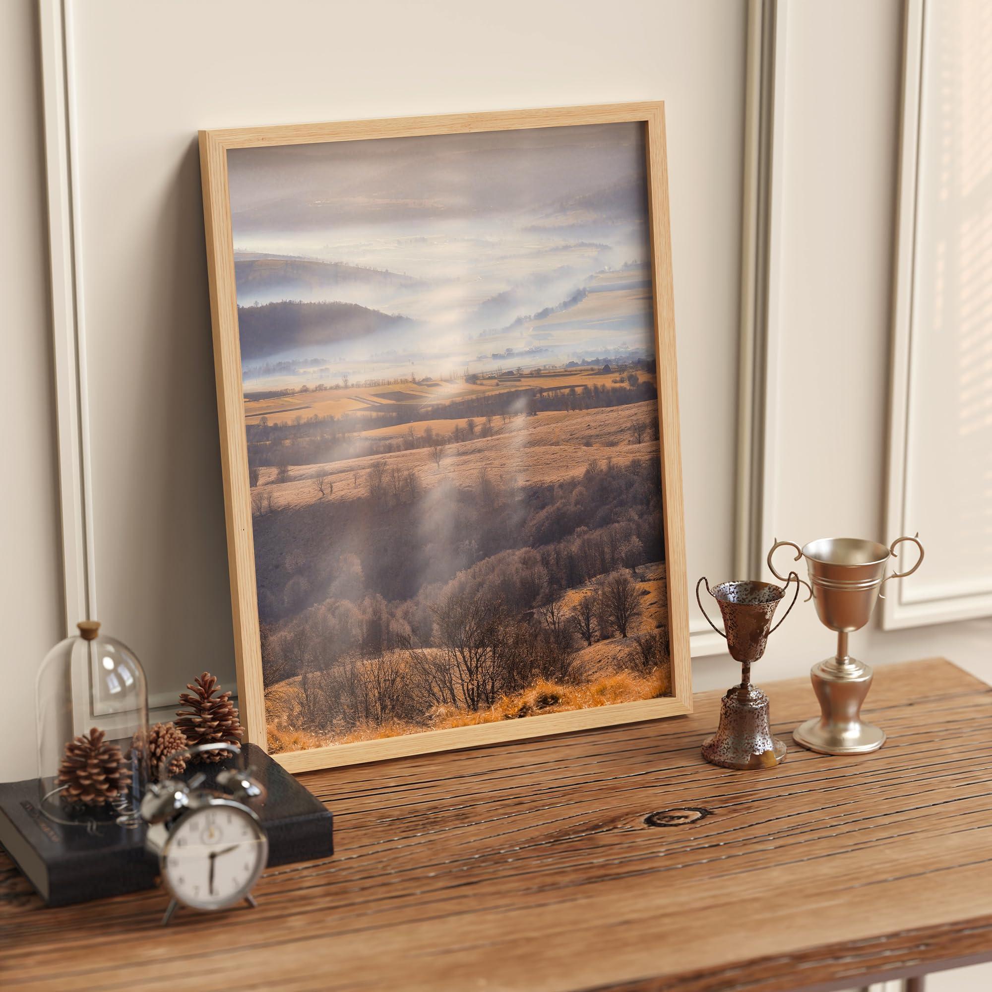 SIGNLEADER SIGNLEADER Framed Wall Art Print Clouds Autumn Mountain Forest Landscape Nature Illustration Decorative Country/Farmhouse Rustic Cozy Zen for Living Room, Bedroom, Office - 8\"x10\" Natural