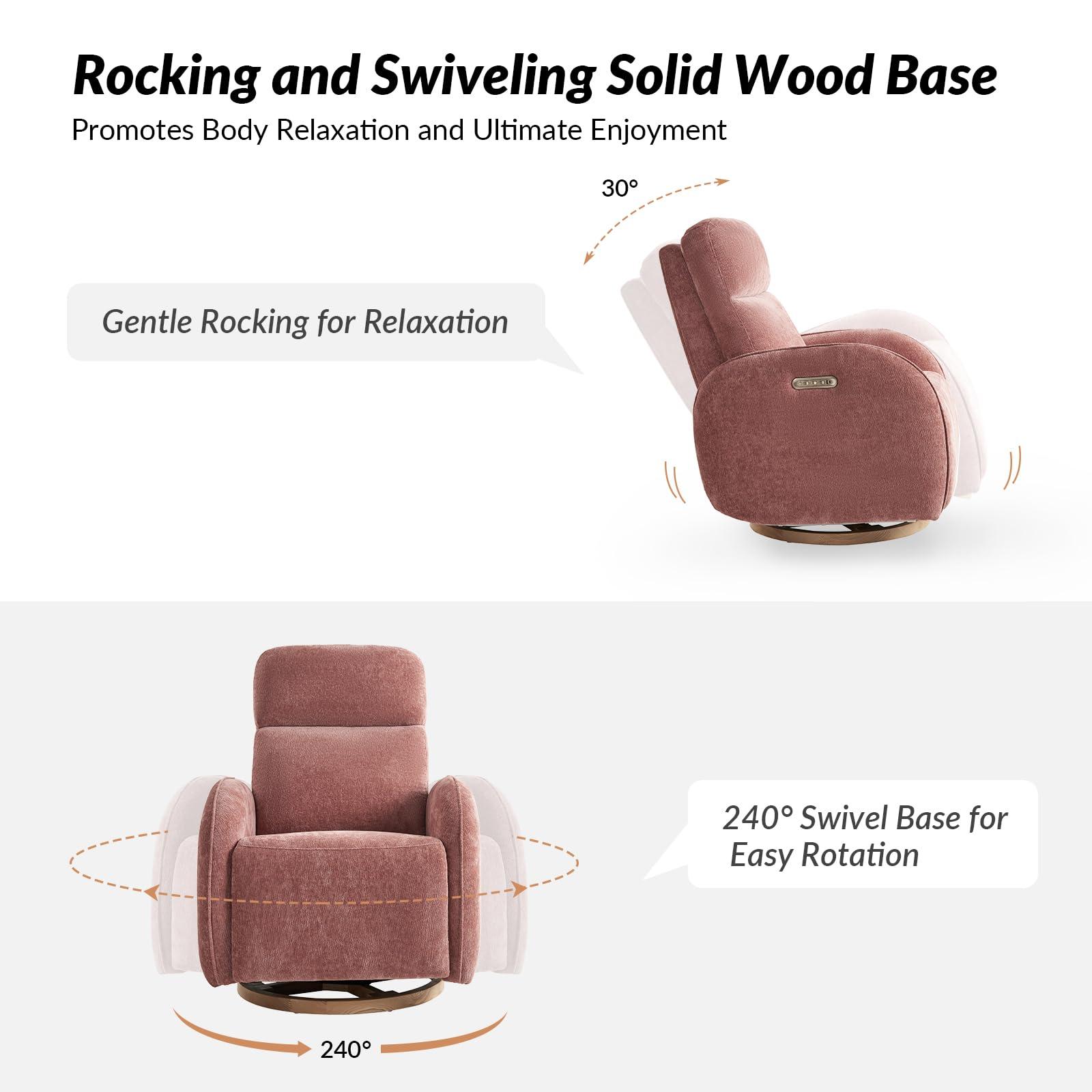 The support you need Premium Power Nursery Glider Recliner Chair with 240-degree Swivel Rocker Recliner and Adjustable Headrests, Modern Electric Recliner with USB Port and Nightlight for Nursing Room Bedroom, Pink