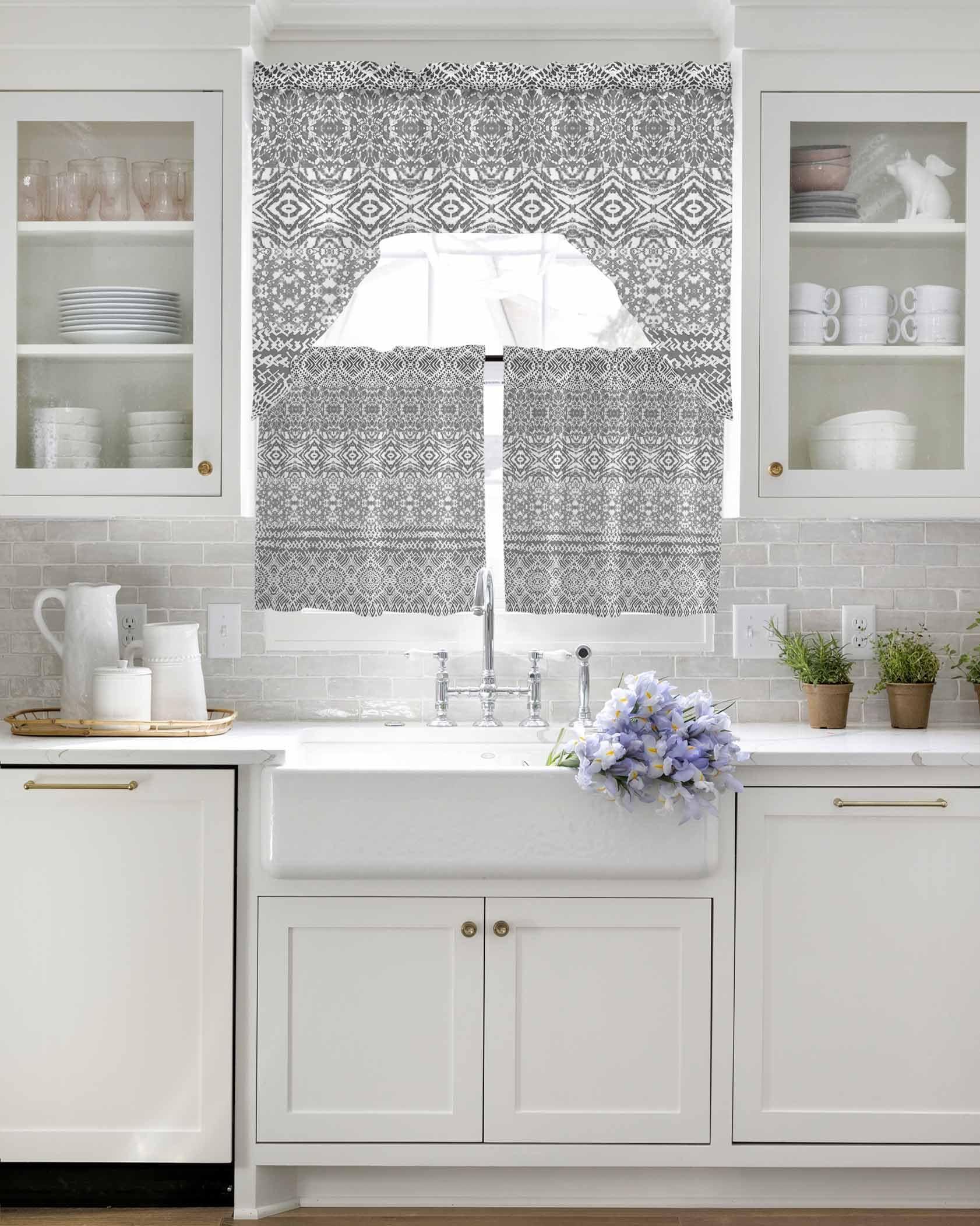 Onekaccu Gray Boho Swag Curtains Valance and Tier Set,Rod Pocket Curtain Drapes for Bathroom Over Sink Kitchen Curtains 3 Piece Set Gradient Batik Aesthetics Bohemian Tie Dyeing Mandala Swag Valances 24\" Tiers