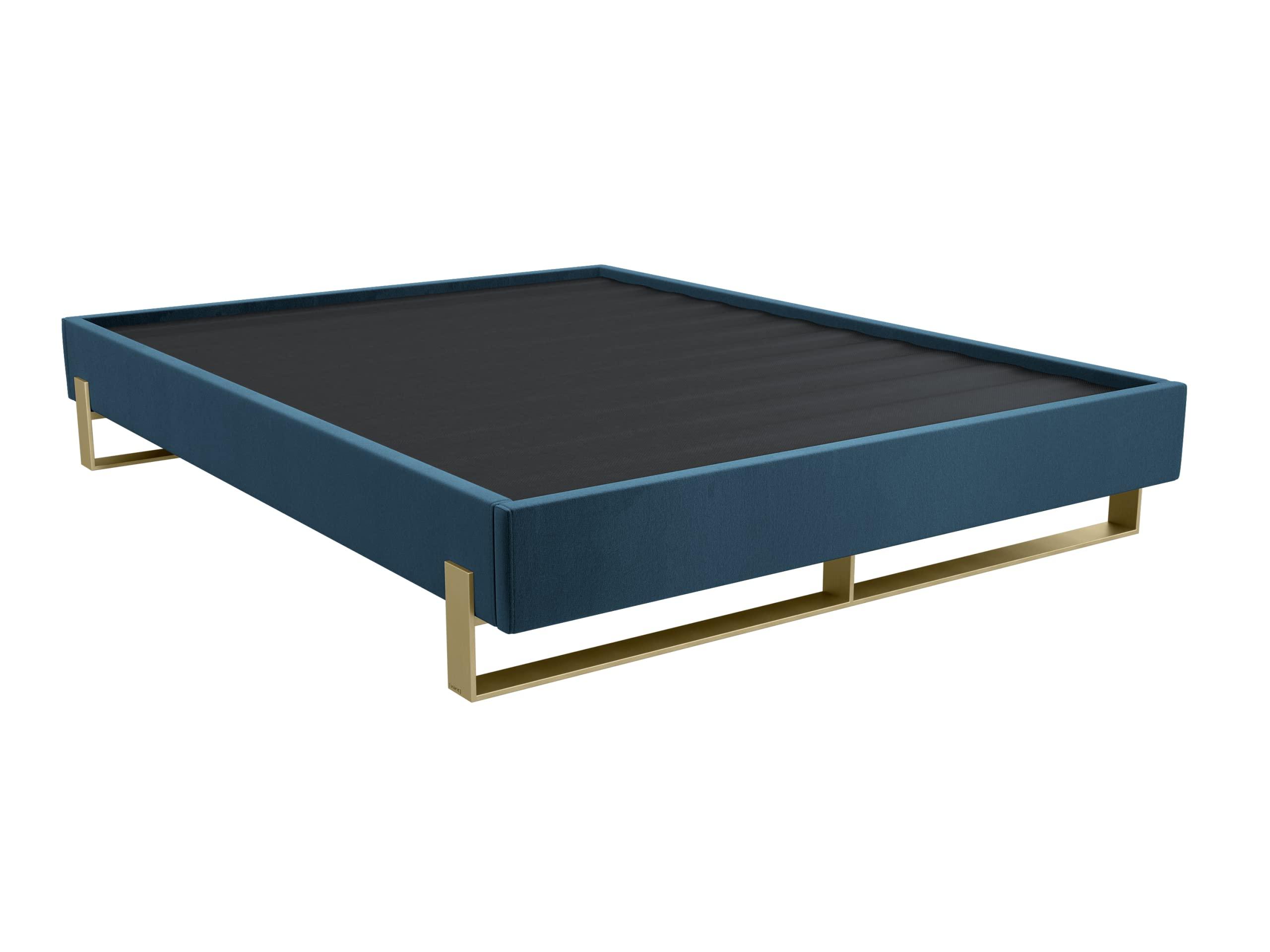 VANT VANT Elevated Platform Bed - Burnished Brass - King Size - Velvet Peacock Blue - Easy Assembly Bed Frame - No Box Spring Needed - Sleek Modern Design for Any Bedroom