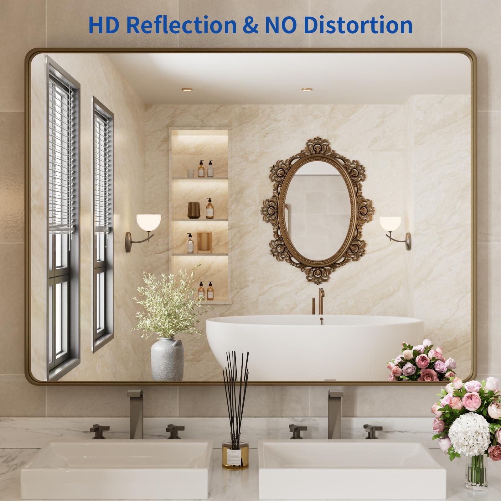 WEER WEER Bronze Bathroom Mirror 48x36 Inch, Farmhouse Oil Rubbed Bronze Mirror for Wall, Aluminum Alloy Brushed Bronze Metal Frame Mirror for Vanity, Tempered Glass, Anti-Rust (Horizontal/Vertical)