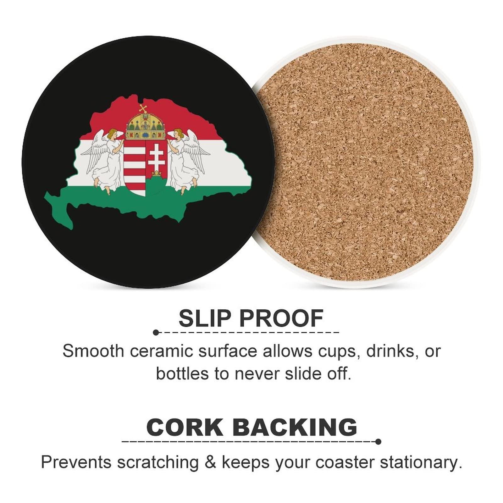 Zenladen Hungary Hungarian Flag Map Ceramic Coasters Absorbent Wooden Coaster Round Cup Holders 6PCS