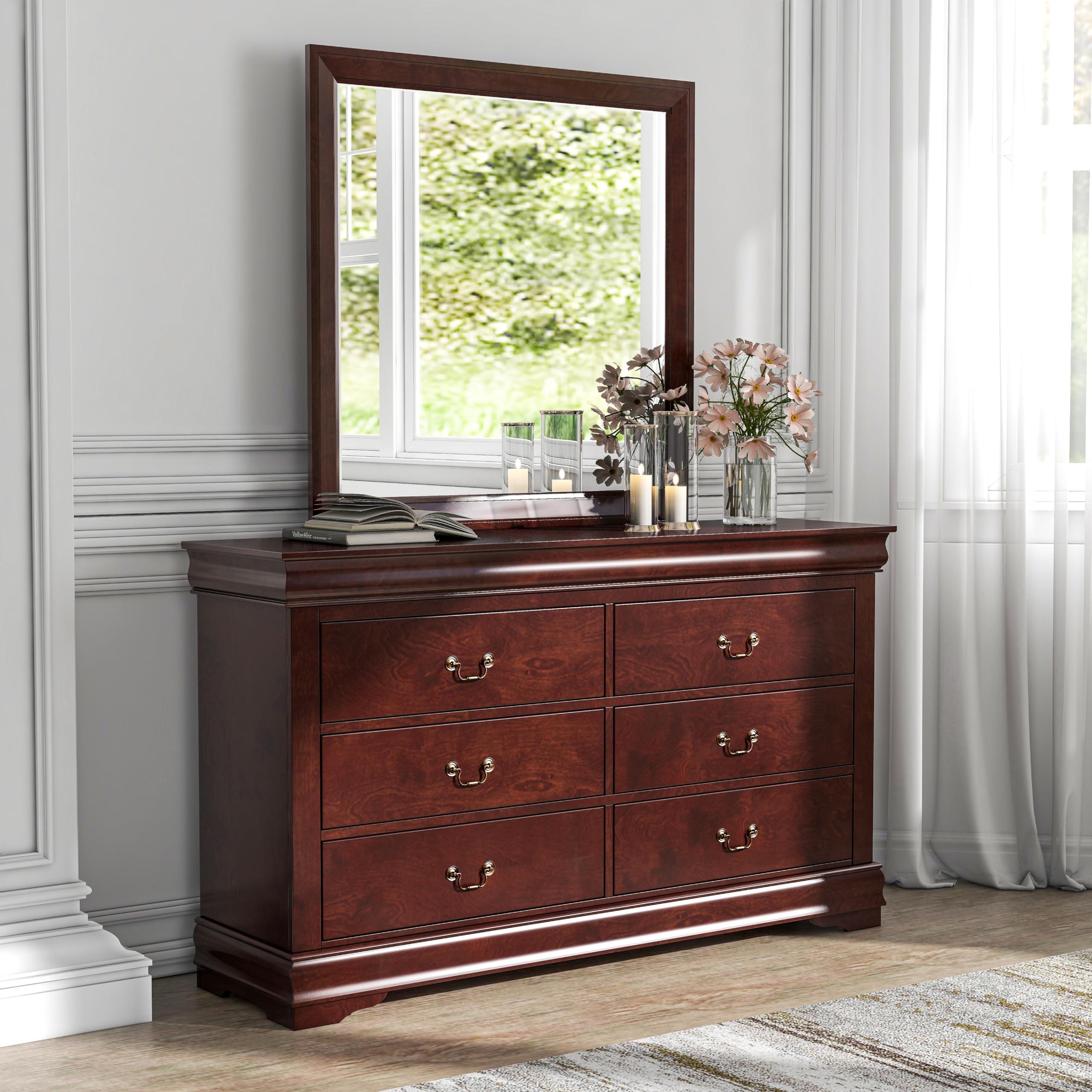 Furniture of America Furniture of America Louis Philippe Traditional Wooden 6 Drawer Dresser with Mirror, Vintage Bedroom Set, Accent Vanity Dressing Table with Antique Nickle Handles, Walk-in Closet, Standard, Cherry
