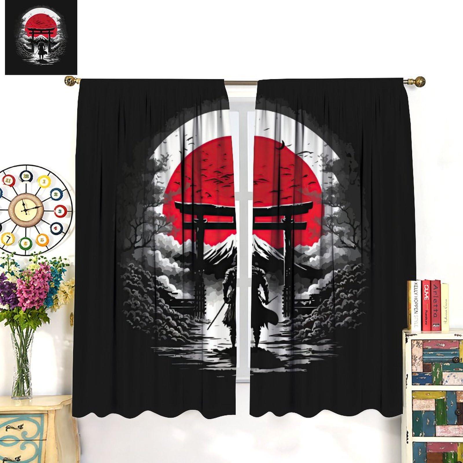 Rtovo Bushido Curtains, Japanese Samurai On Red Sun Lawn Mount Fuji Background, Blackout Curtains for Bedroom Living Room84X84 Inch, Style-5
