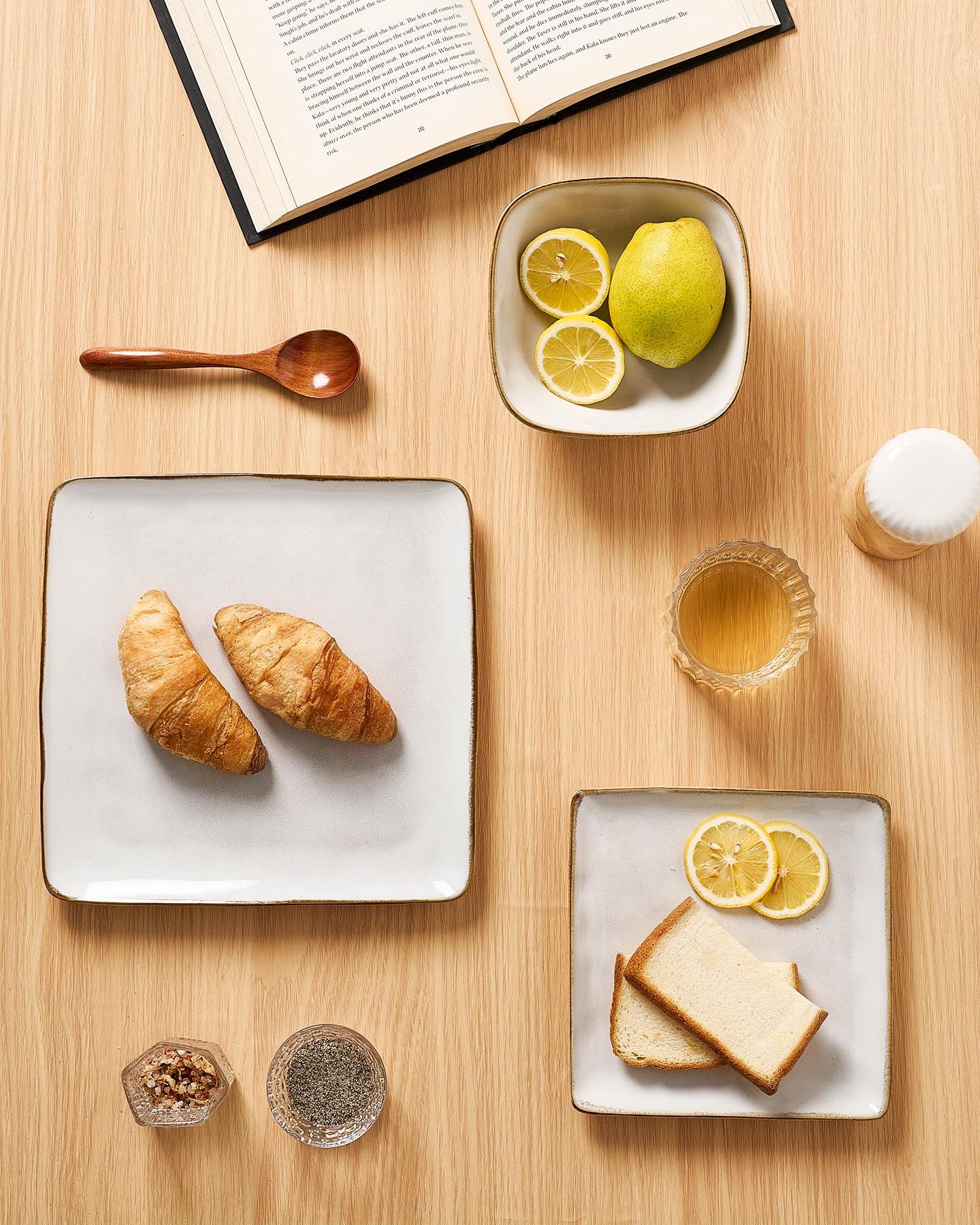 famiware Famiware Ocean Square Plates and Bowls Set, 18 Pieces Dinnerware Sets, Dishes Set for 6, Microwave and Dishwasher Safe, Scratch Resistant, Cappuccino White