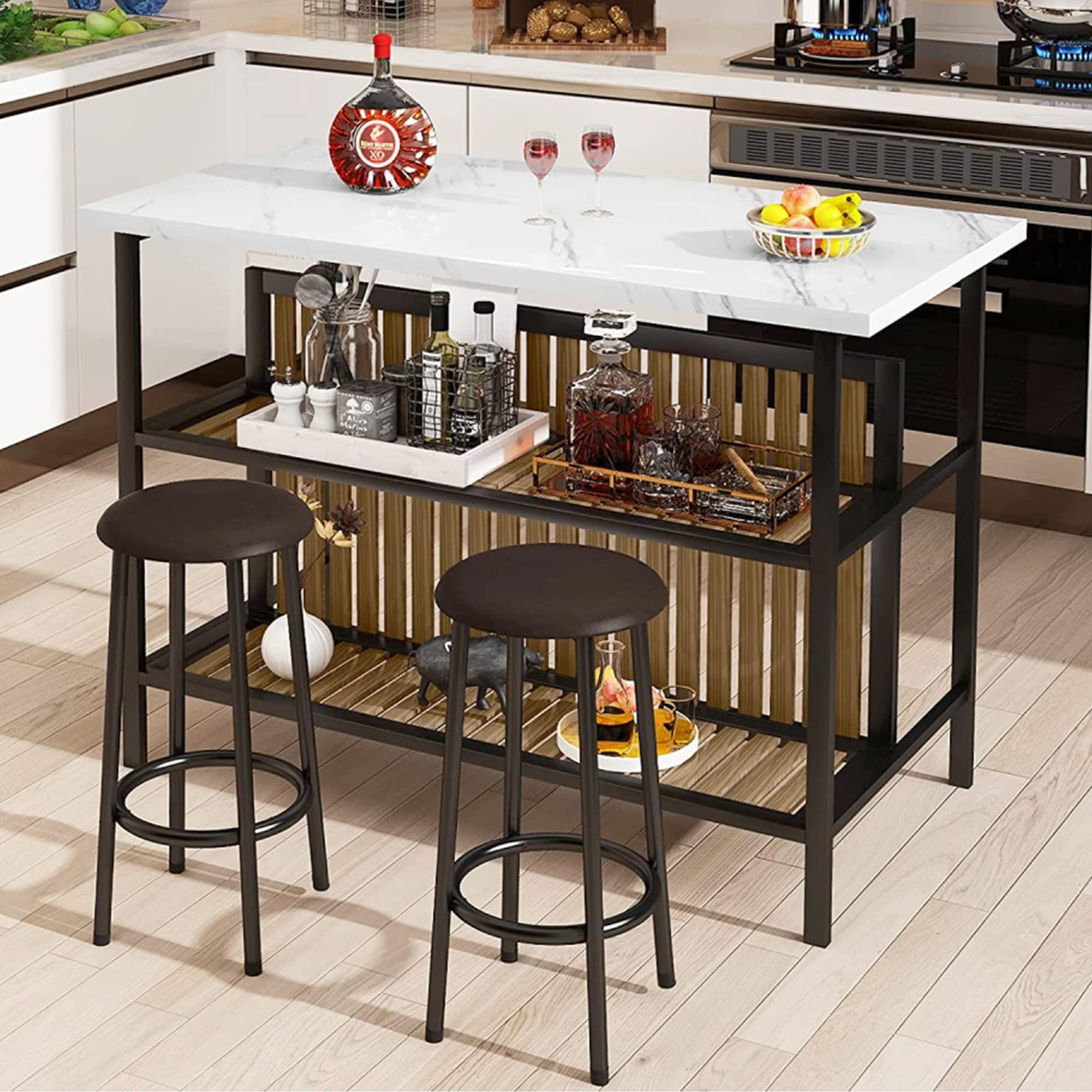 AWQM AWQM Kitchen Island with Seating & Storage Shelf, Faux Marble Island Table for Kitchen, Modern Bar Table and Chairs Set for 2,Dining Table Set for Small Space,White