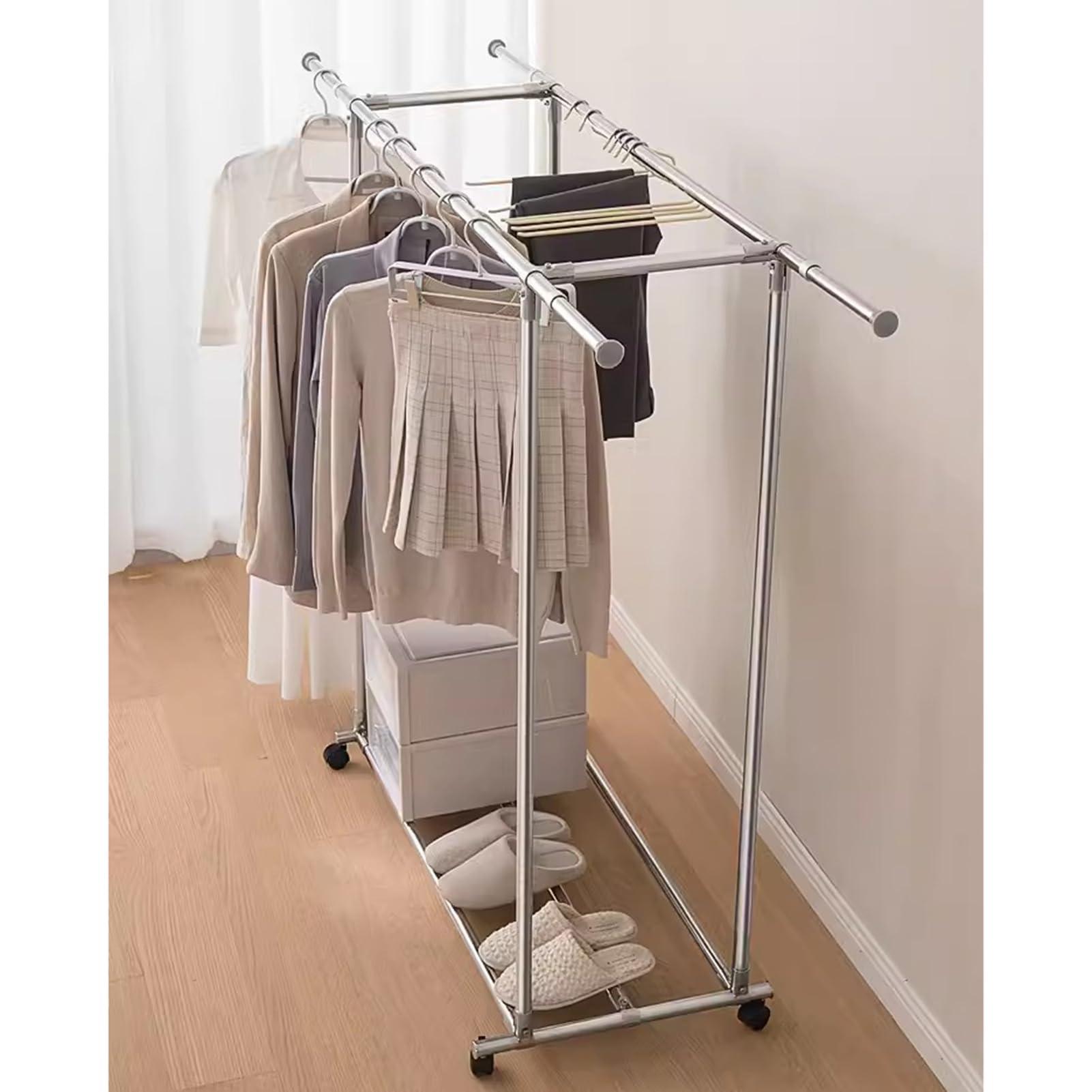 JOMRTS Heavy duty Garment rack Double Rod Clothing Rack On Wheels, Extendable Hanging Rod, Heavy Duty Clothes Rail With Shelves, Portable Closet Organizer For Bedroom, Stainless Steel Clothes Drying Rack
