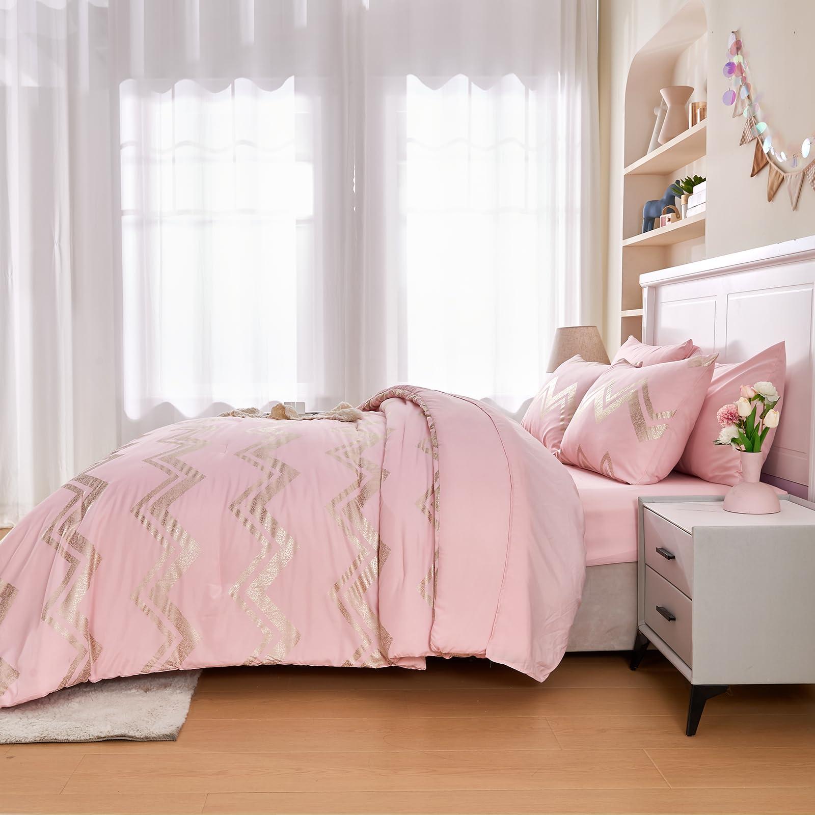 Wowelife Wowelife 6 Pieces Pink Twin/Twin XL Comforter Set for Girls Kids Twin Bedding Sets Gold Glitter Foil Bed in A Bag with Comforter, Flat Sheet, Fitted Sheet, 2 Pillow Shams and 1 Pillowcase