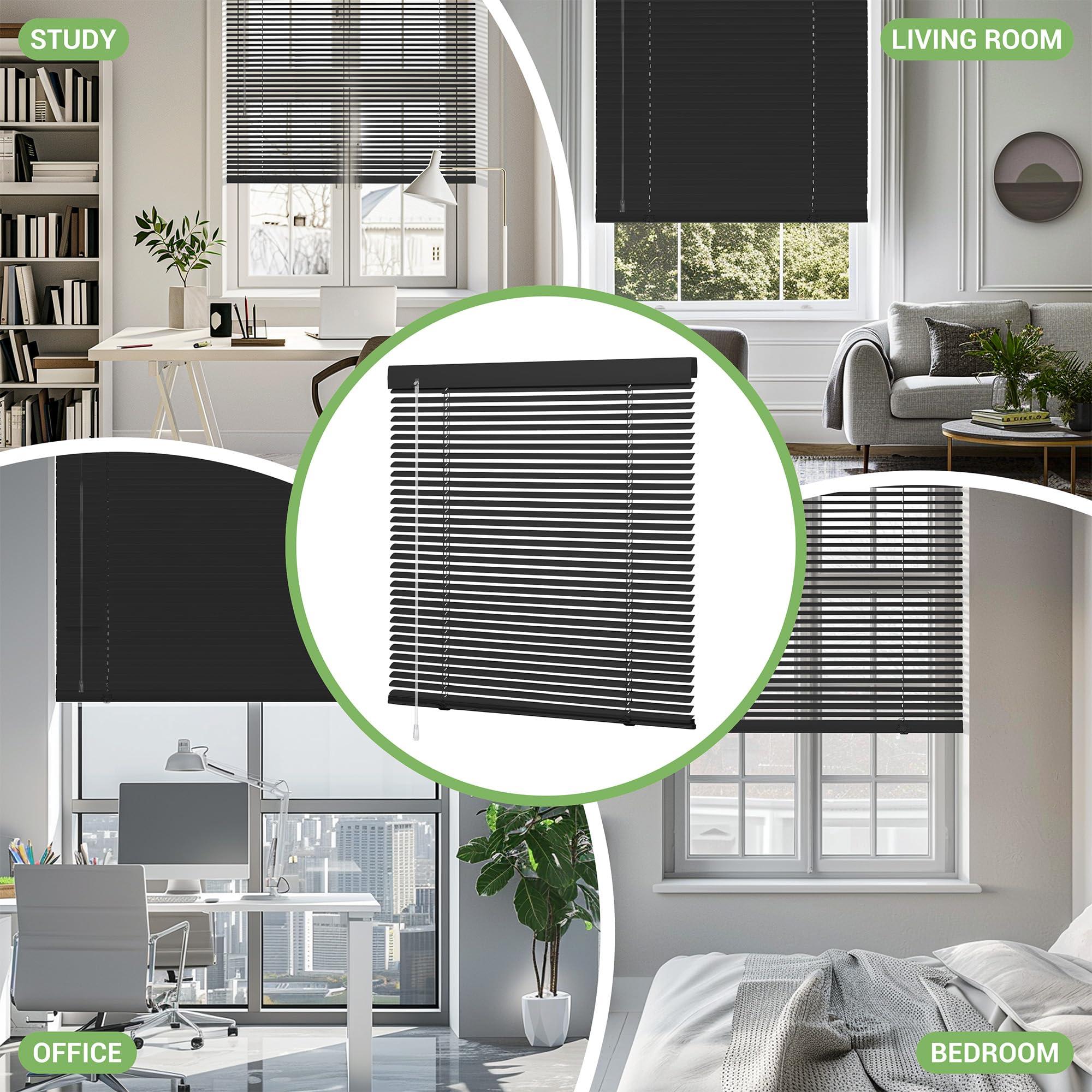 Boolegon Boolegon Aluminum Mini Blinds Cordless Venetian Blind New 1 Inch Metal Slat Horizontal Blinds Anti-UV Waterproof Venetian Windows Blind for Office Home, Black, 35" W x 64" H