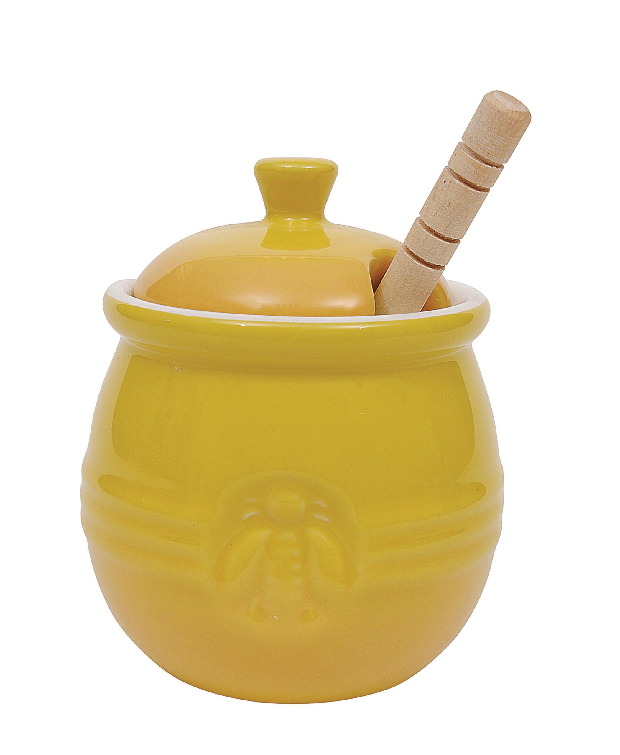 Creative Co-Op Creative Co-Op Yellow Stoneware Honey Pot with Lid & Wood Honey Dipper