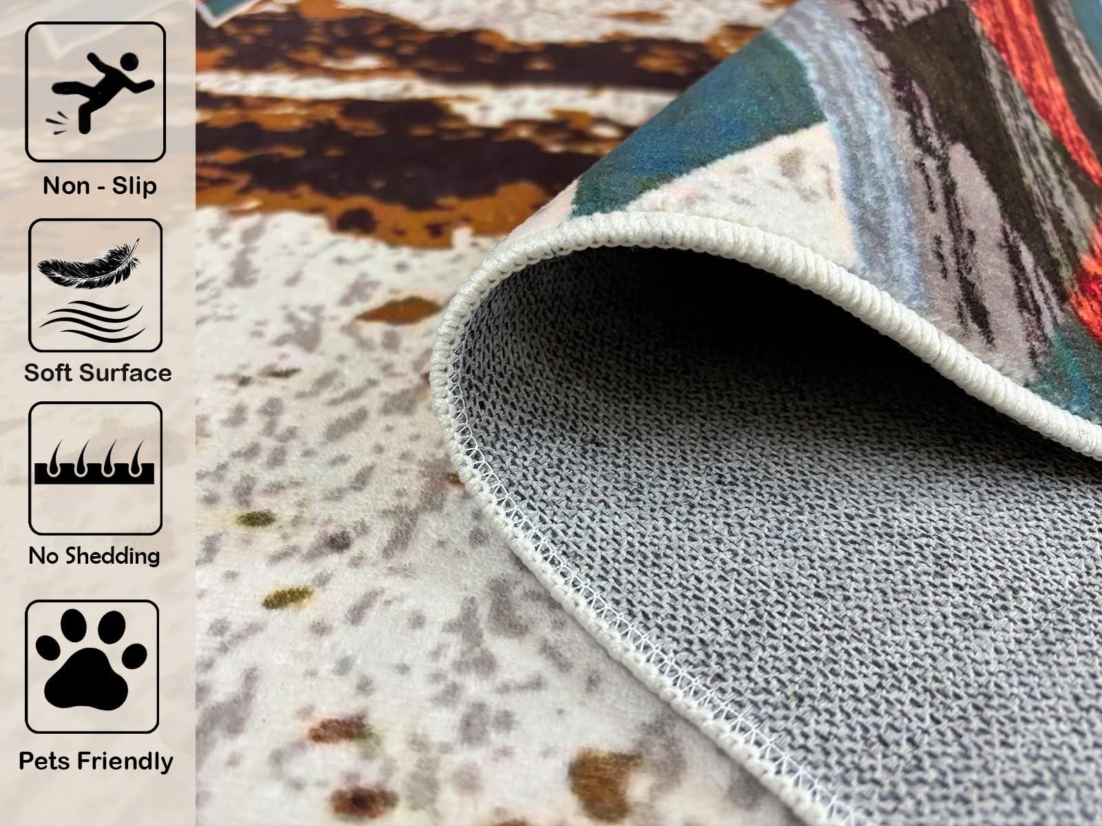 DECORAISES Combo Southwest Area Rug and Non-Slip Rug Tape for Timeless Home Decor in Kitchen, Living Room, Bedroom 4X6 ft, Western Cowboy Riding with Texas Star Panel Art - Southwestern Rug - Aztec rug CC01