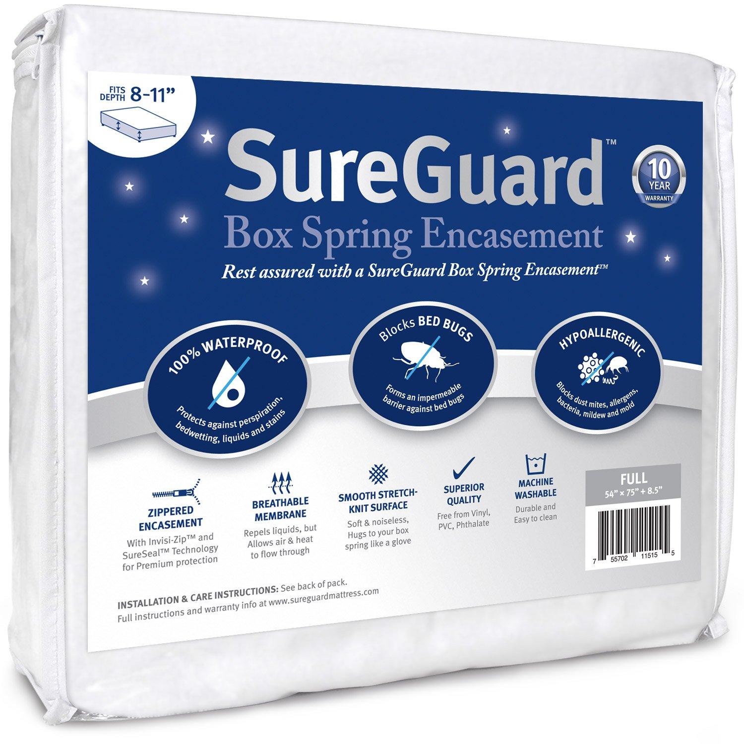 SureGuard Mattress Protectors Full Size SureGuard Box Spring Encasement - 100% Waterproof, Bed Bug Proof, Hypoallergenic - Premium Zippered Six-Sided Cover