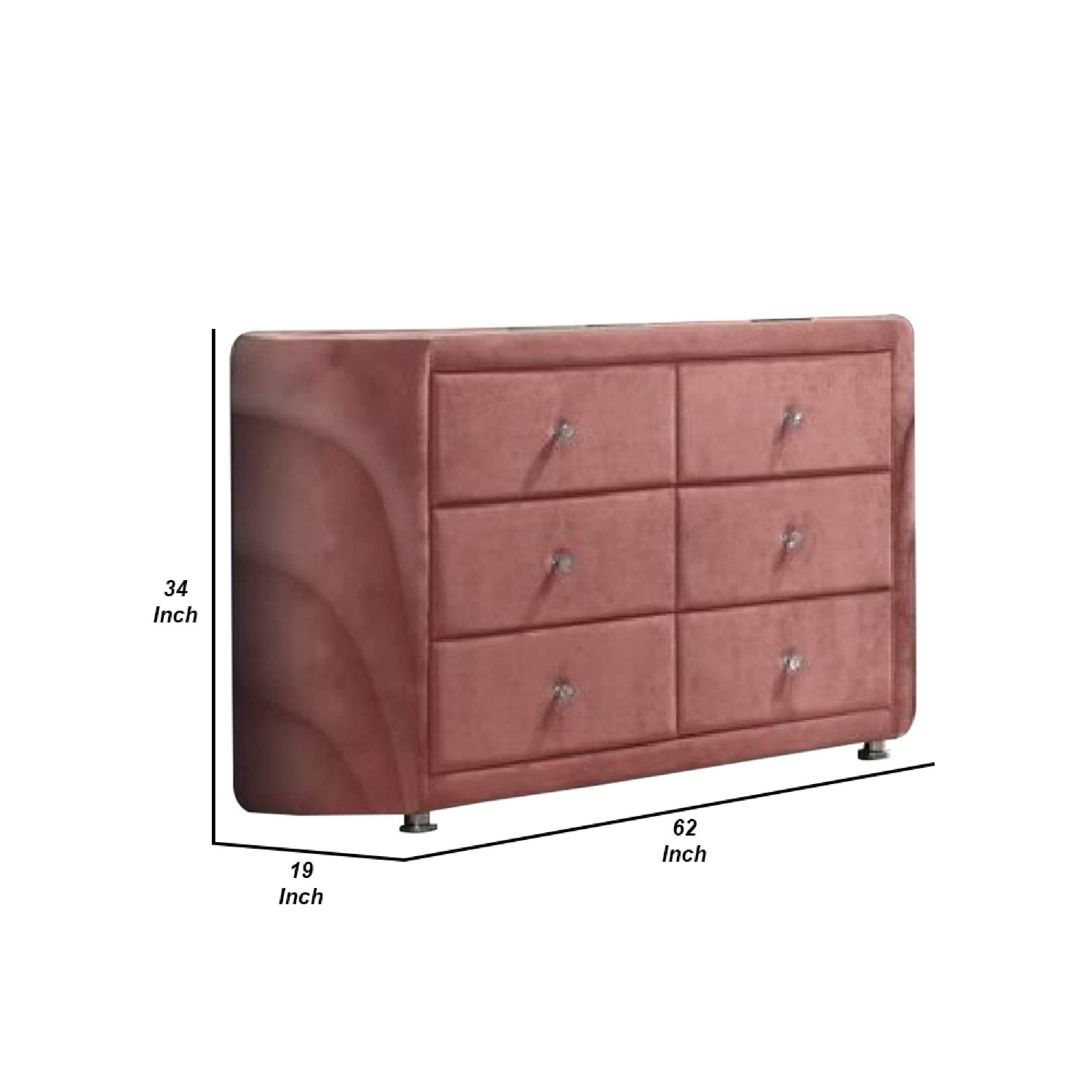 Benzara Benjara Sin 62 Inch Modern Side Dresser, 6 Drawers, Round Metal Knobs, Velvet, Pink