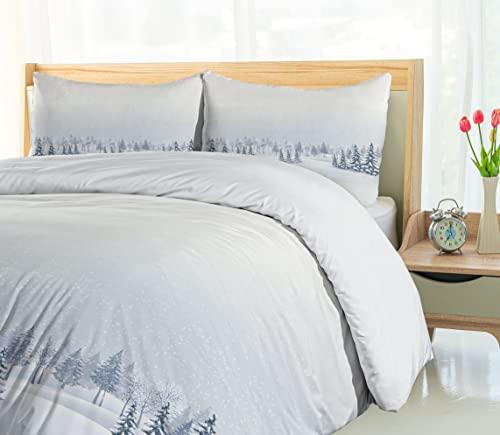 Ambesonne Ambesonne Winter Duvet Cover Set, Winter Scene in a Park with Trees Foggy Misty Blurry Ice Cold Freezing Weather Image, Decorative 3 Piece Bedding Set with 2 Pillow Shams, King Size, White
