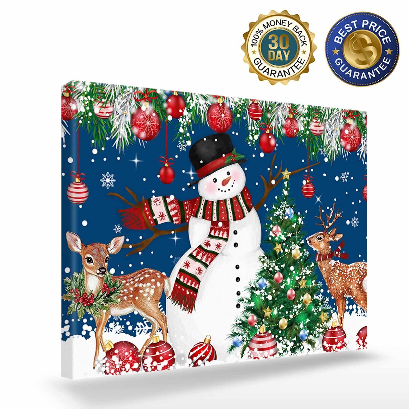 Chucoco Christmas Snowman Elk Bell Xmas Tree on Blue Pictures Paintings on Canvas Wall Art Stretched and Framed Ready to Hang for Home Decorations Snow Fir Leaves Artwork Prints 20x24in