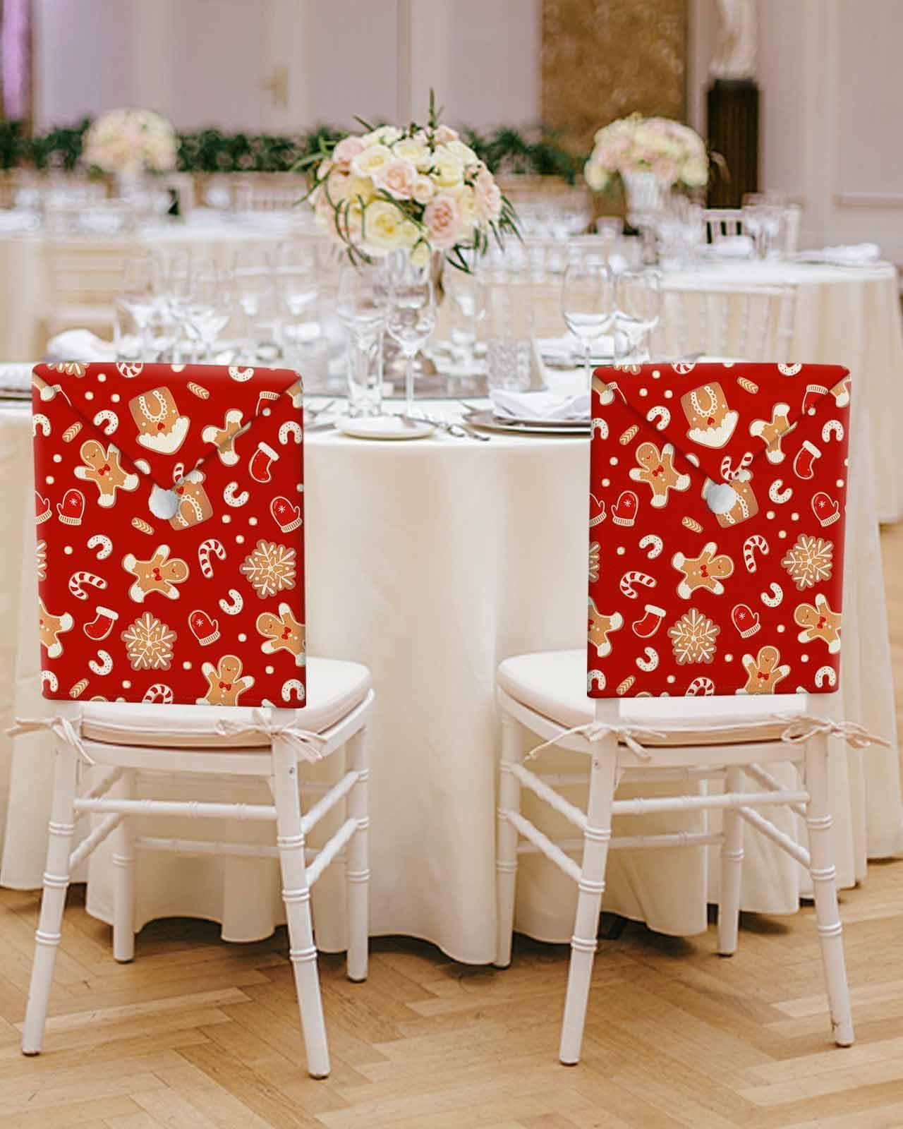 LOVE HOME DAY Dining Chair Back Covers Christmas Winter Snowflake Cookie Man 8 Pack Santa Hat Chair Seat Cover Candy Stocking on Red Removable Kitchen Chair Slipcover for Holiday Party Festival Banquet Decor
