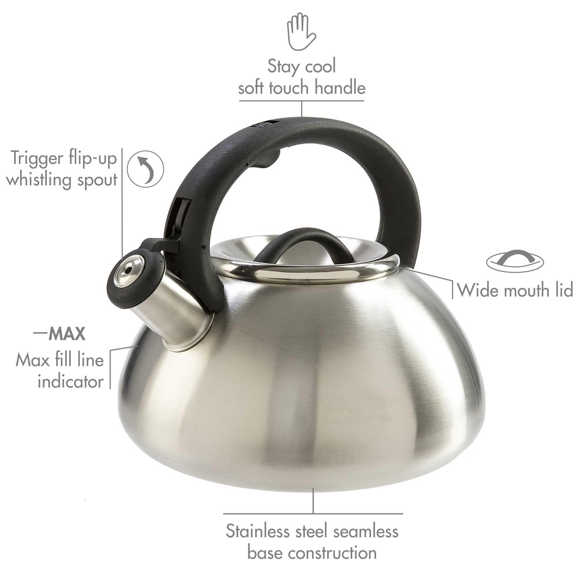 Primula Primula Avalon Whistling Stovetop Tea Kettle Food Grade Wide Mouth, Fast to Boil, Cool Touch Handle, 2.5-Quart, Brushed Stainless Steel