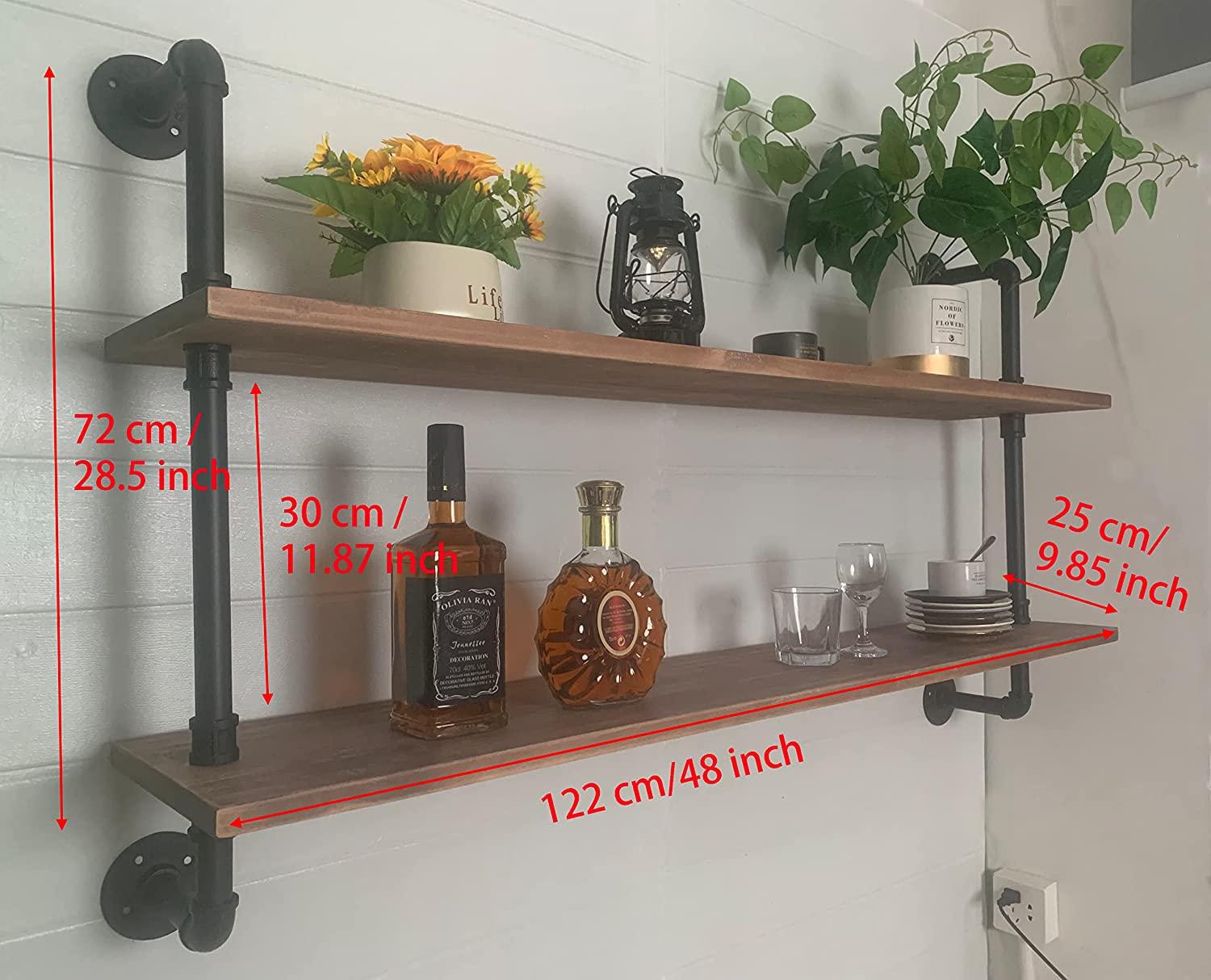 HDDFER Pipe Shelves Industrial Pipe Shelving Shelves Real wood Industrial Floating Pipe Shelves with Wood planks 48 inch Industrial Wall Shelves Rustic Hanging Bookshelf Farmhouse Kitchen Bar Shelving