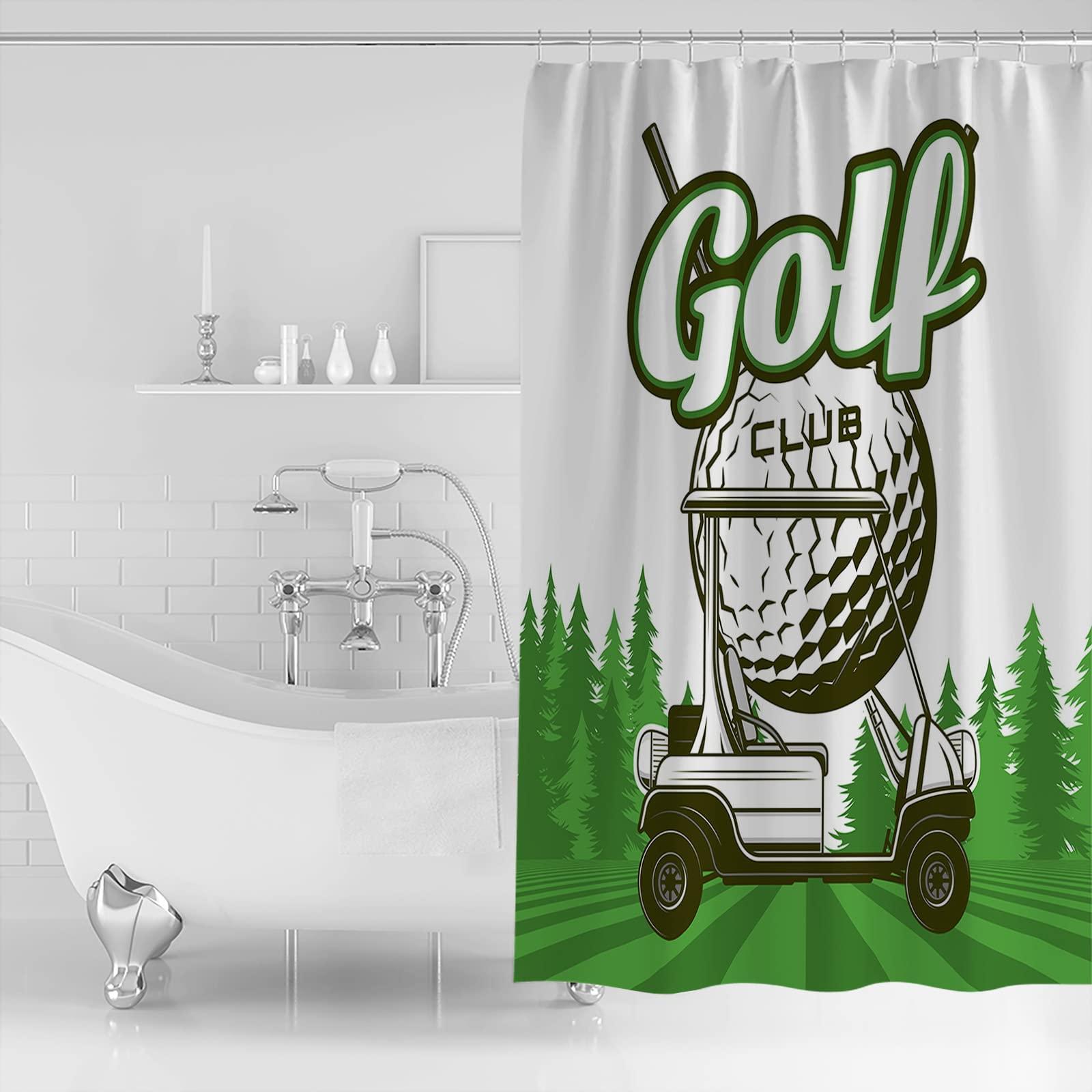 OComster Waterproof Shower Curtain, Golf Cart Polyester Fabric Bathroom Curtains with 12 Hooks, 36" W x 78" H, Golf Club Green Field Pine Tree Balls Sports Theme Quick-Drying Bathtub Curtain