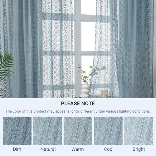 WAZZIO WAZZIO Light Blue Sheer Curtains 84 Inches Long 2 Panels Sheer Lace Pale Blue Curtains for Bedroom Living Room Rod Pocket Tassel Cotton Boho Crochet Curtains Light Filtering Privacy Drapes,Stone Blue