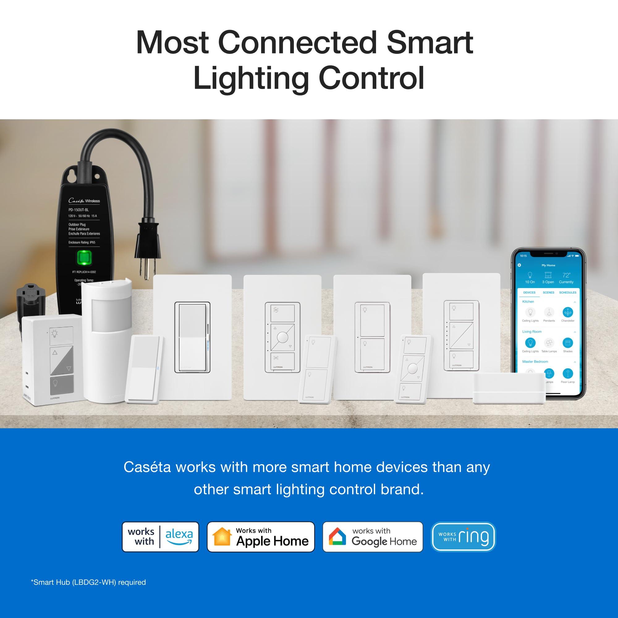 Lutron Lutron Caseta Smart Lighting Original Dimmer Switch, for Light Bulbs, Works w/ Alexa, Apple Homekit, Google Home (Hub Required), 150W Single-Pole/3-Way, No Neutral Required, PD-6WCL-WH, White