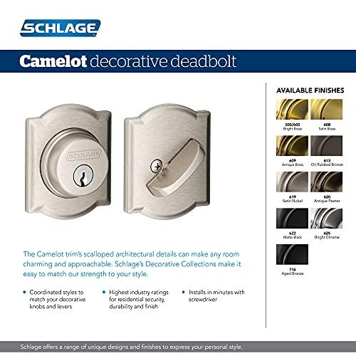 SCHLAGE Schlage B60 N CAM 605 Deadbolt with Camelot Trim, Keyed 1 Side, Highest Residential Security, Bright Brass