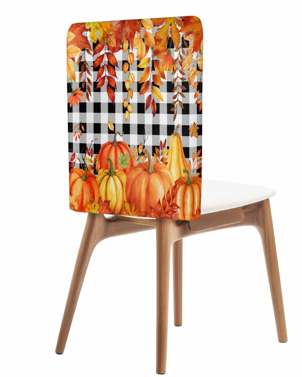 LOVE HOME DAY Fall Thanksgiving Chair Back Covers Set of 8,Orange Pumpkin Maple Leaf Harvest Farm Chair Slipcovers,Black and White Removable Dining Chair Protector for Kitchen Hotel Restaurant Banquet Decor