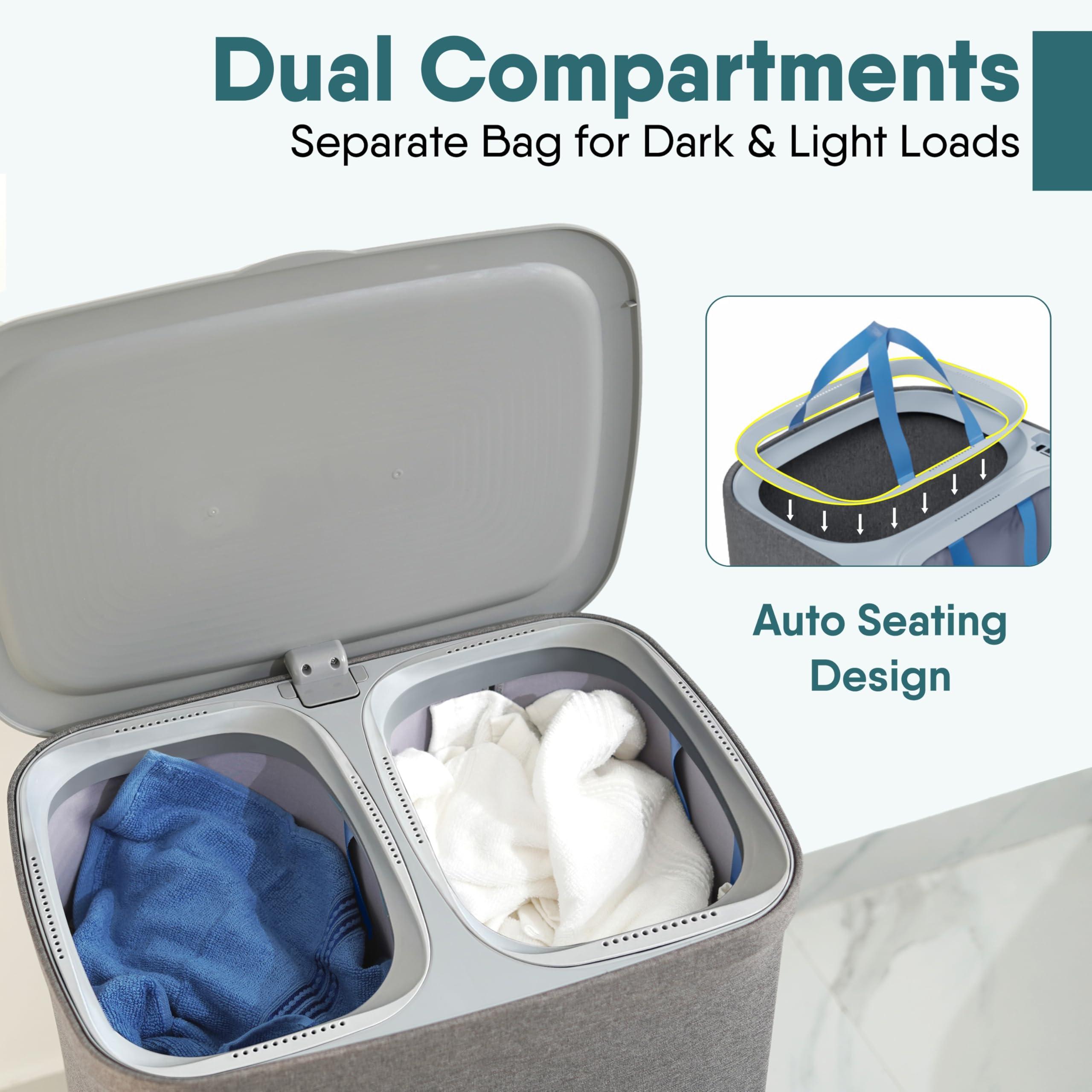 XABITAT XABITAT Dual Section 90l Laundry Basket with Lid Tall divided Double Laundry Hamper with 2 Removable Washable Bags, Large Laundry Sorter for Easy Clothes Separation