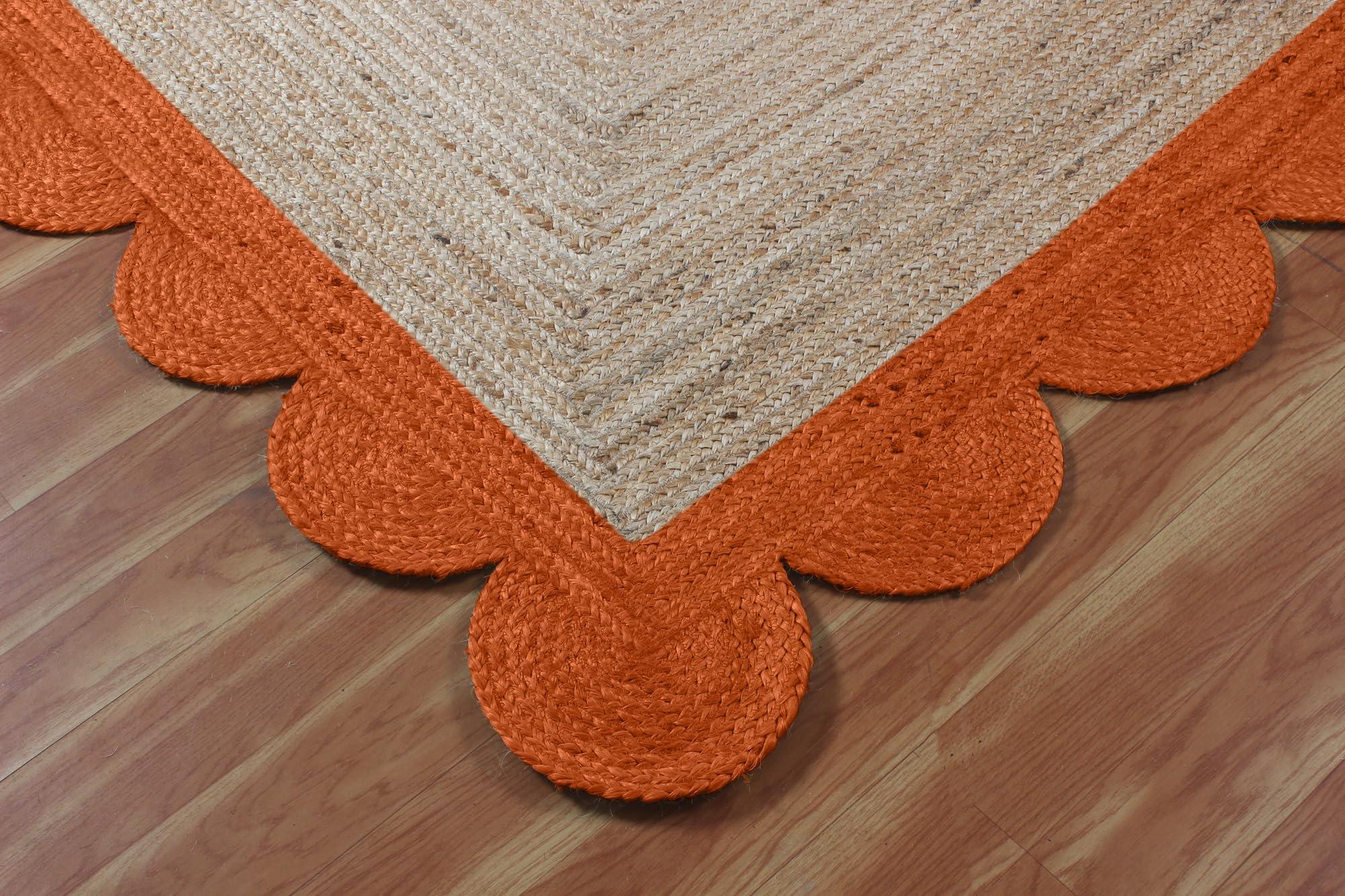 CASAVANI CASAVANI Scalloped Edge Rug, Braided Natural Jute Fiber Area Rug, 9x9 Ft Square Beige & Orange Woven Kilim Rug for High Traffic Area Living Room, Kitchen, Entryway, Farmhouse