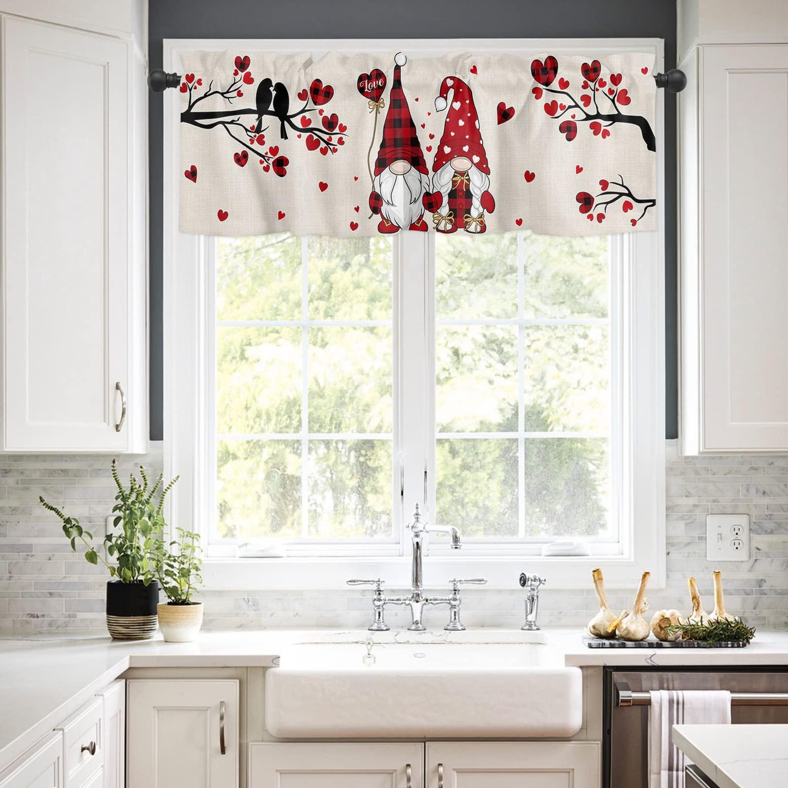 Kewadony Kewadony Kitchen Curtains Valances, Valentine\'s Day Rod Pocket Valances for Windows, Red Black Plaid Gnomes Love Tree Burlap Short Window Valances for Living Room/Bedroom, 54 x 18 Inch