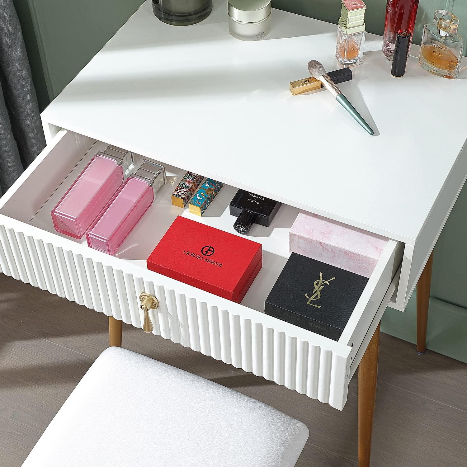 LUKYRA LUKYRA Small Vanity Desk with Drawers,Fluted Compact Makeup Table with Storage, Mini White and Gold Dressing Table (Without Mirror and Stool)
