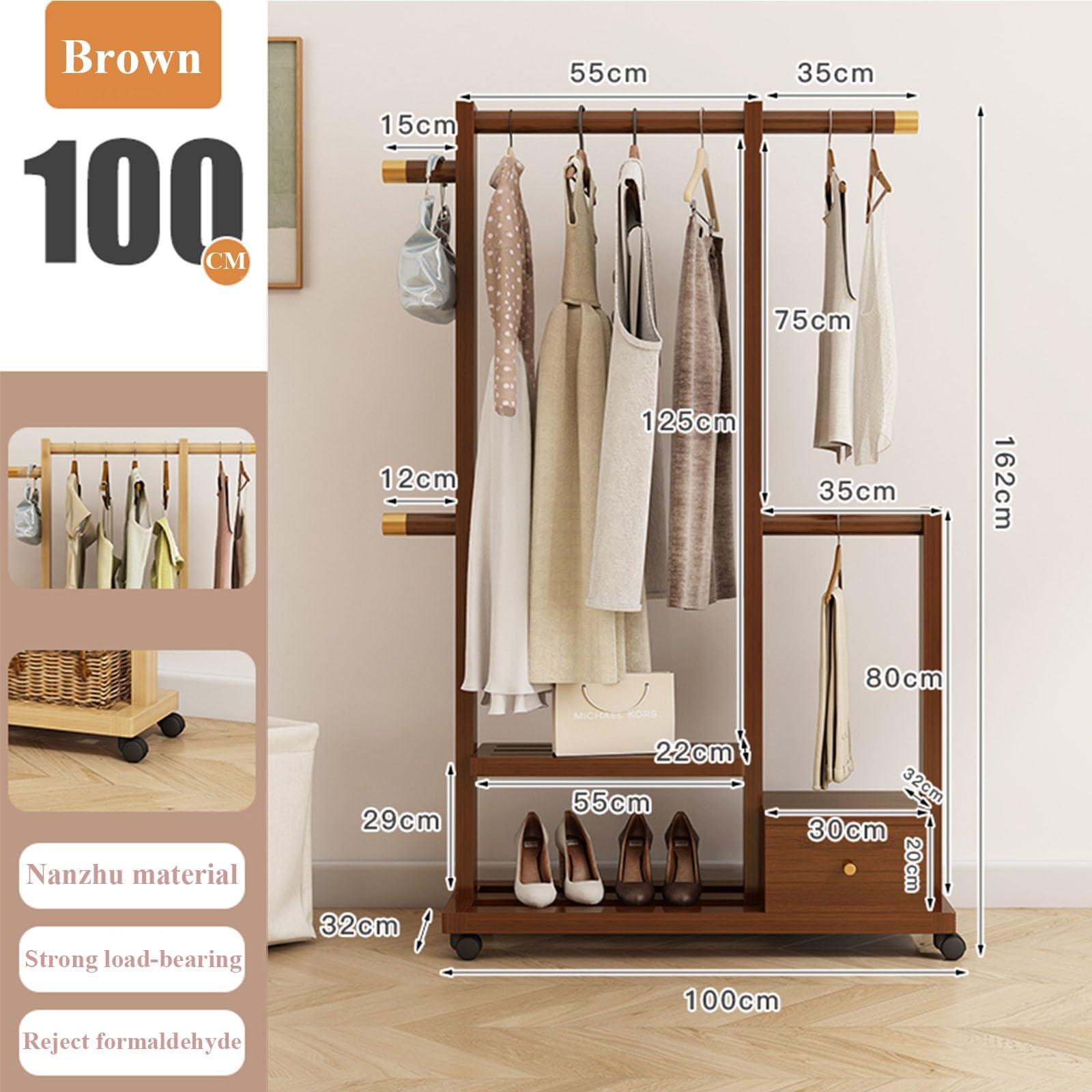 Diodceraic Clothes Organizer Stand On Wheels,entryway Coat Rack With Storage,Garment Racks For Hanging Clothes,bamboo Rolling Garment Rack,Multifunction Entry-way Coat Racks Stand For Bedroom Entryway(Color:Brow