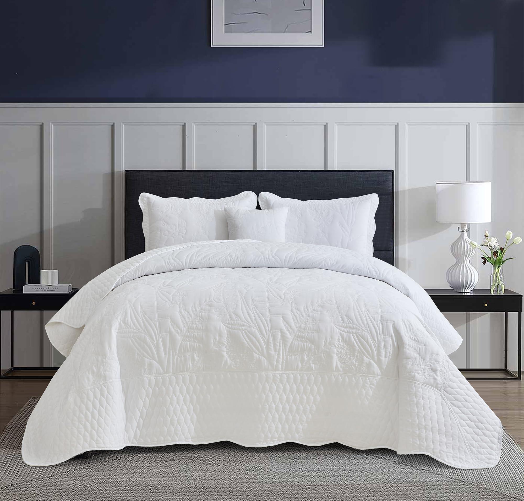 DaisyHuang DaisyHuang Botanical Oversized Bedspread Queen Size - Leaves Pattern Stitching Quilt Set - Elegent & Fresh Style Bedding Coverlets, Reversible, Lightweight, 4 Piece, White